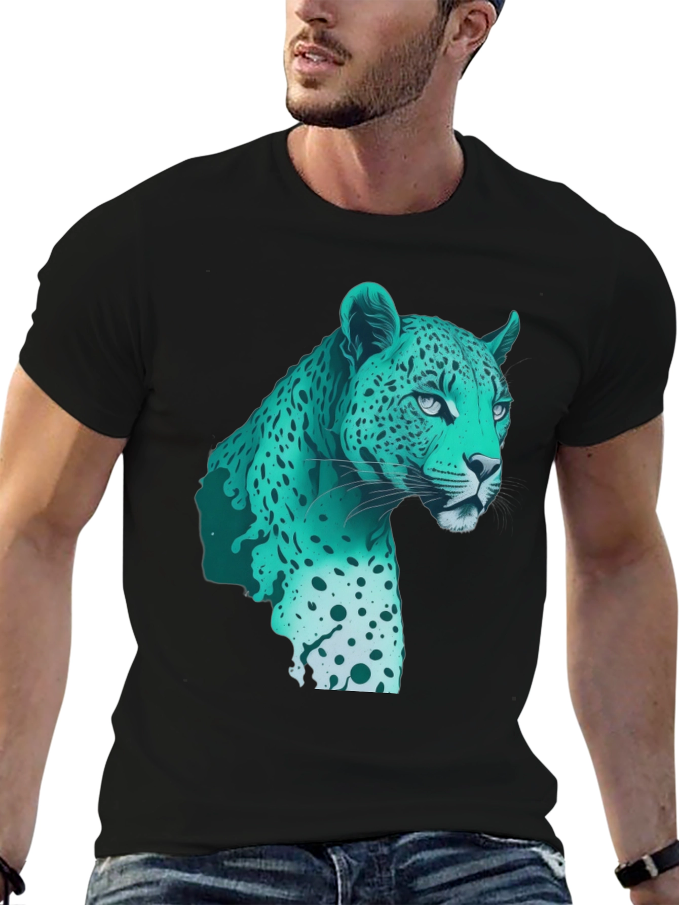 Cool Teal Jaguar Graphic Print Black T-Shirt