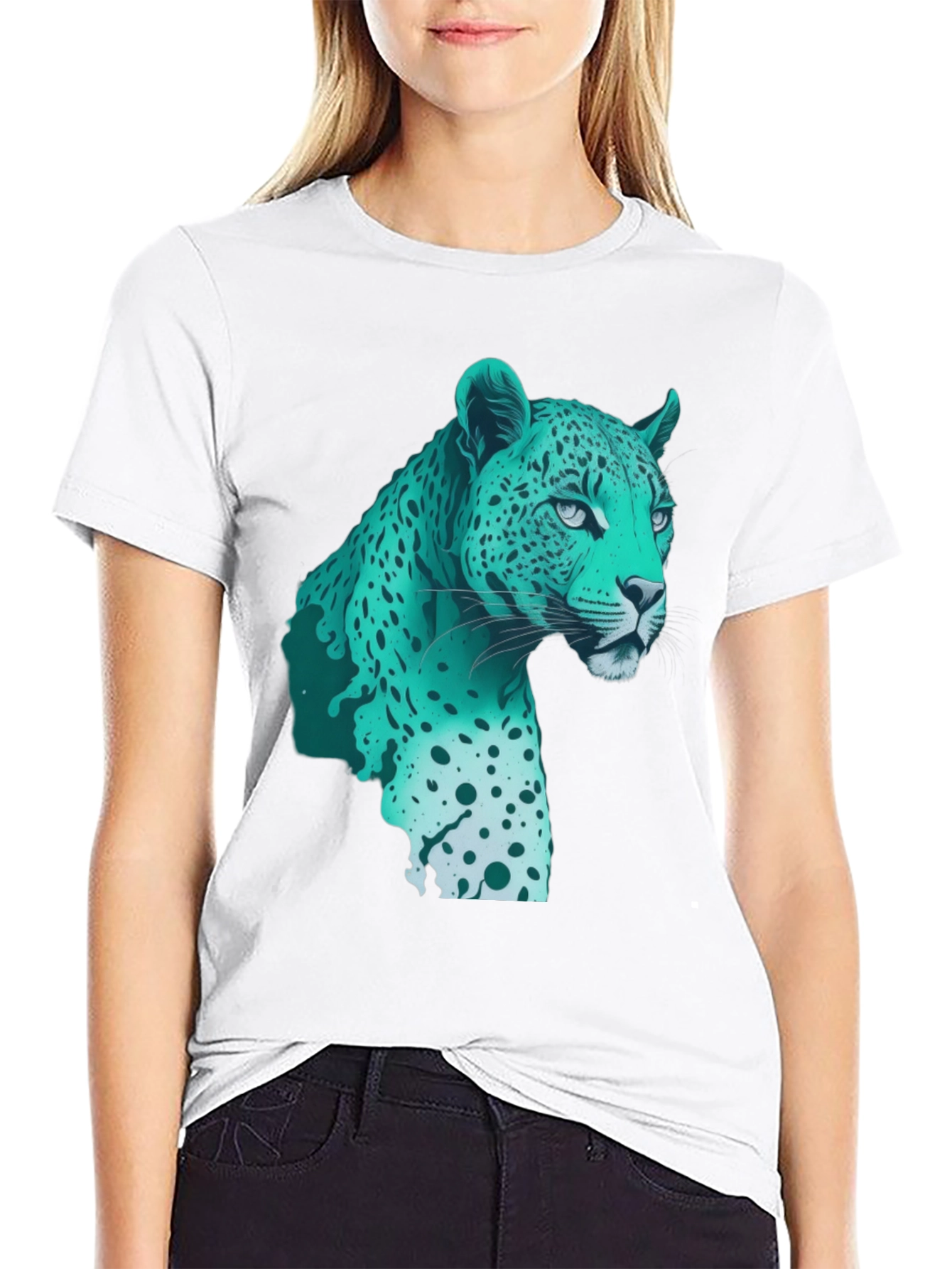 Cool Teal Jaguar Graphic Print Black T-Shirt