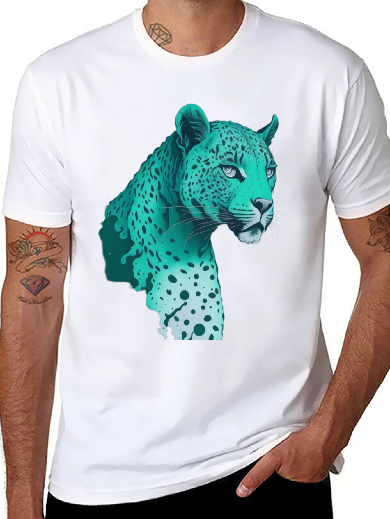Cool Teal Jaguar Graphic Print Black T-Shirt