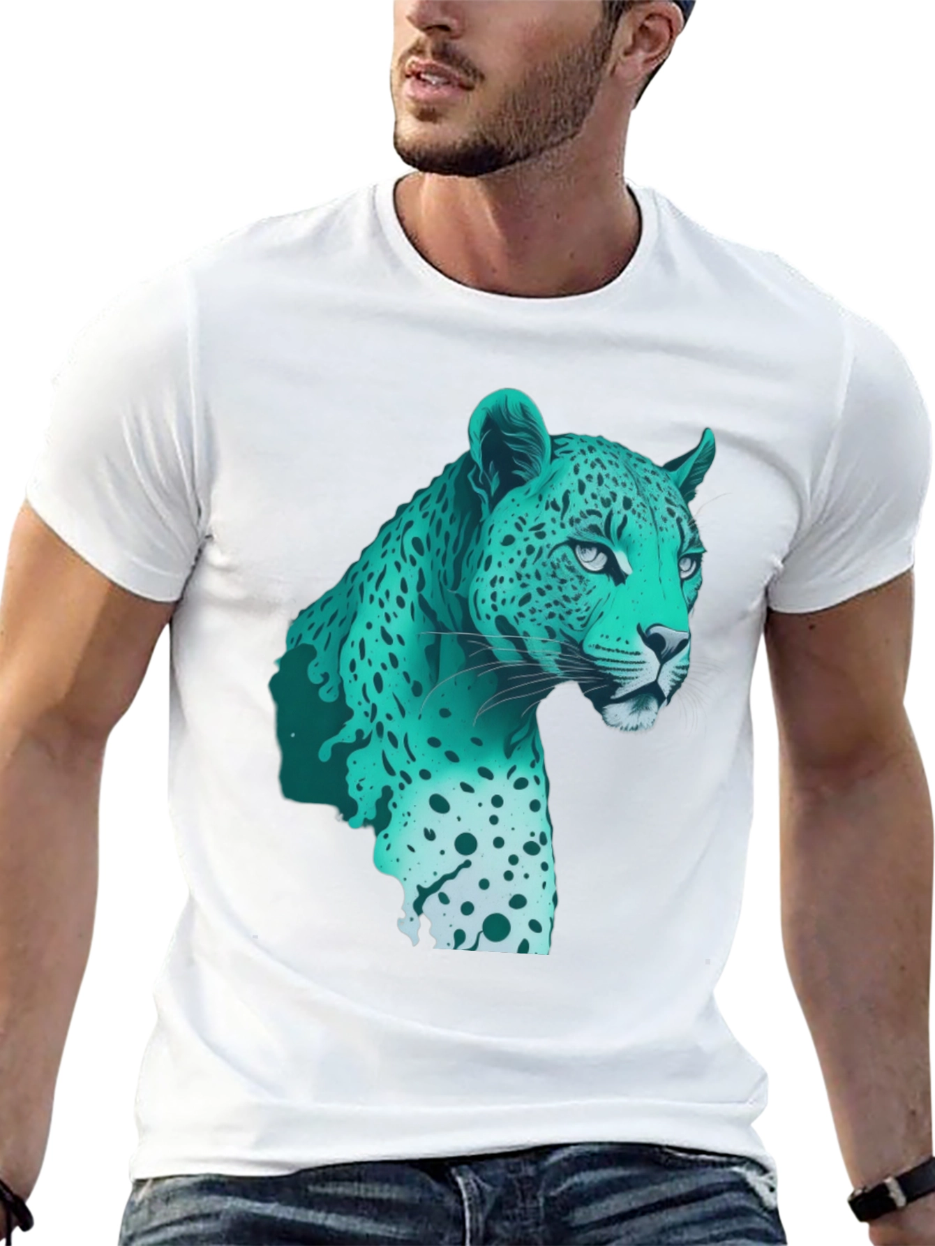 Cool Teal Jaguar Graphic Print Black T-Shirt