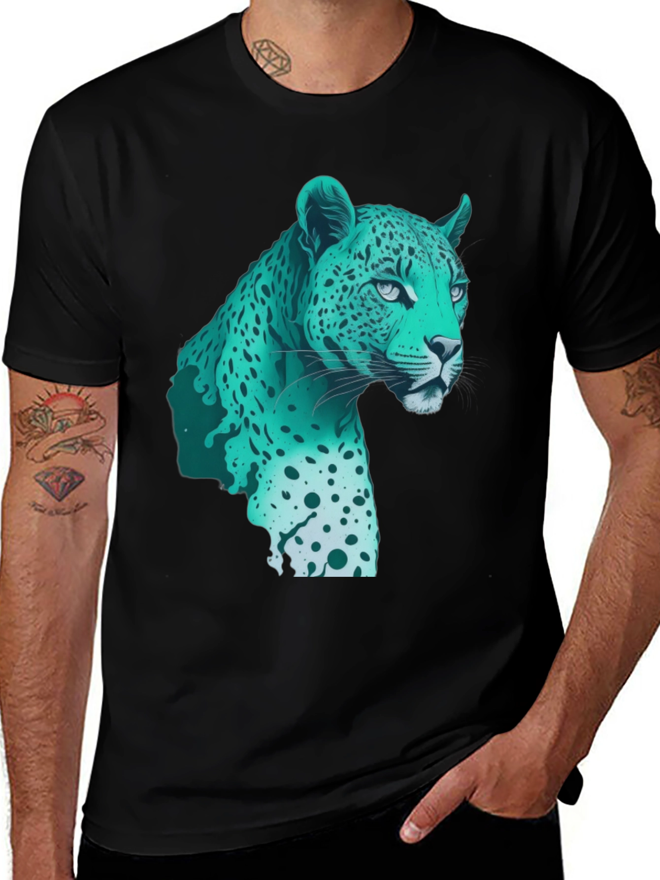 Cool Teal Jaguar Graphic Print Black T-Shirt