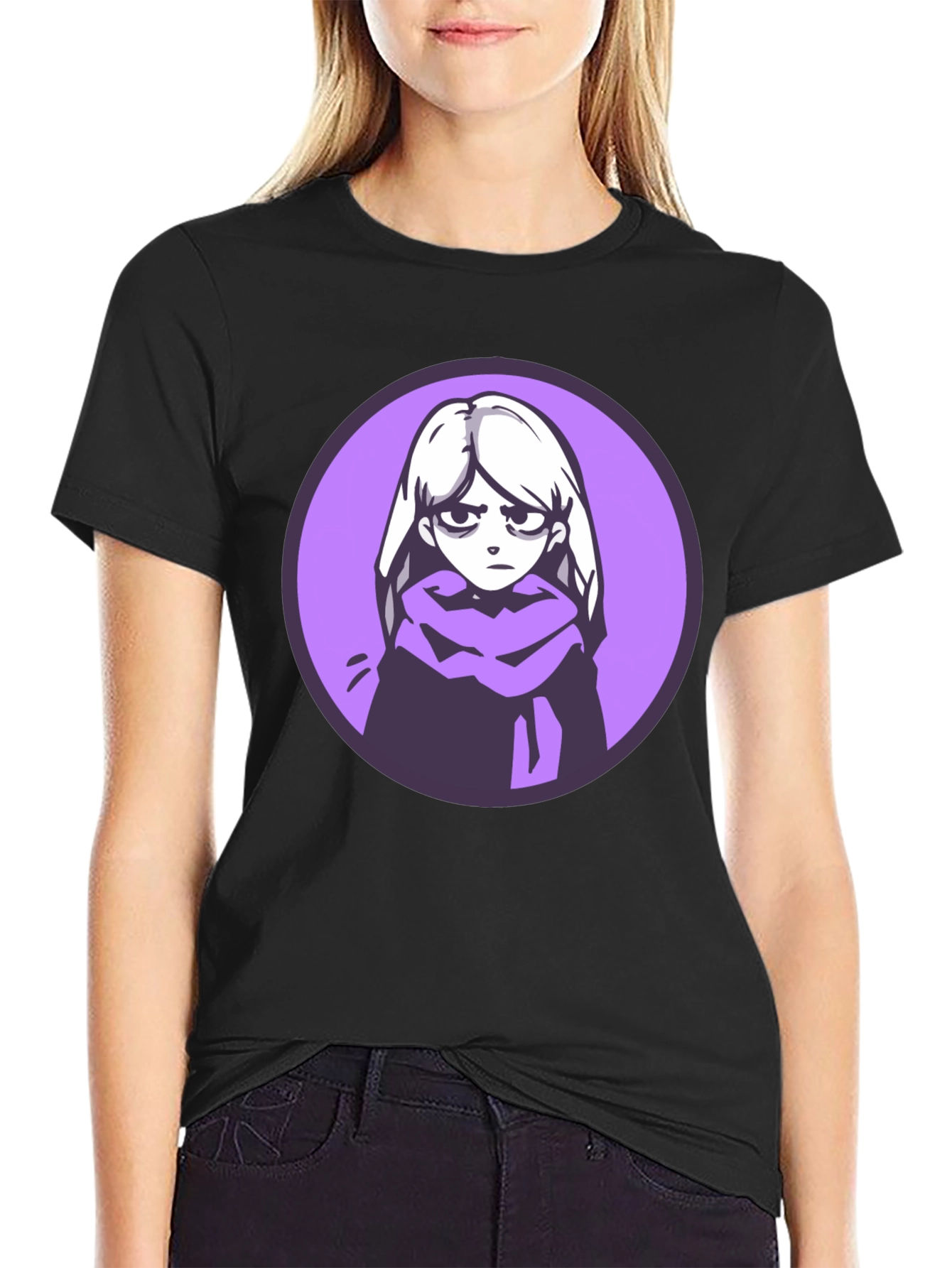 Anime Girl Graphic Tee - Black Cotton Blend