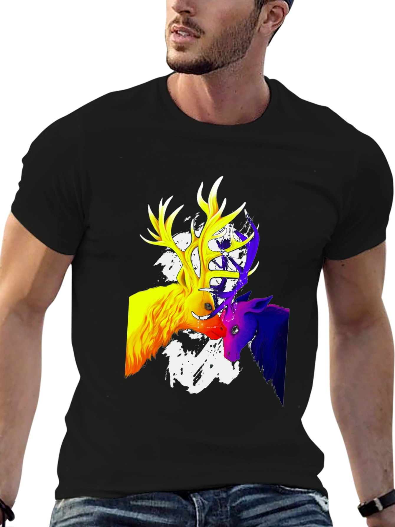 Vibrant Deer Graphic T-Shirt - Mens Black Tee