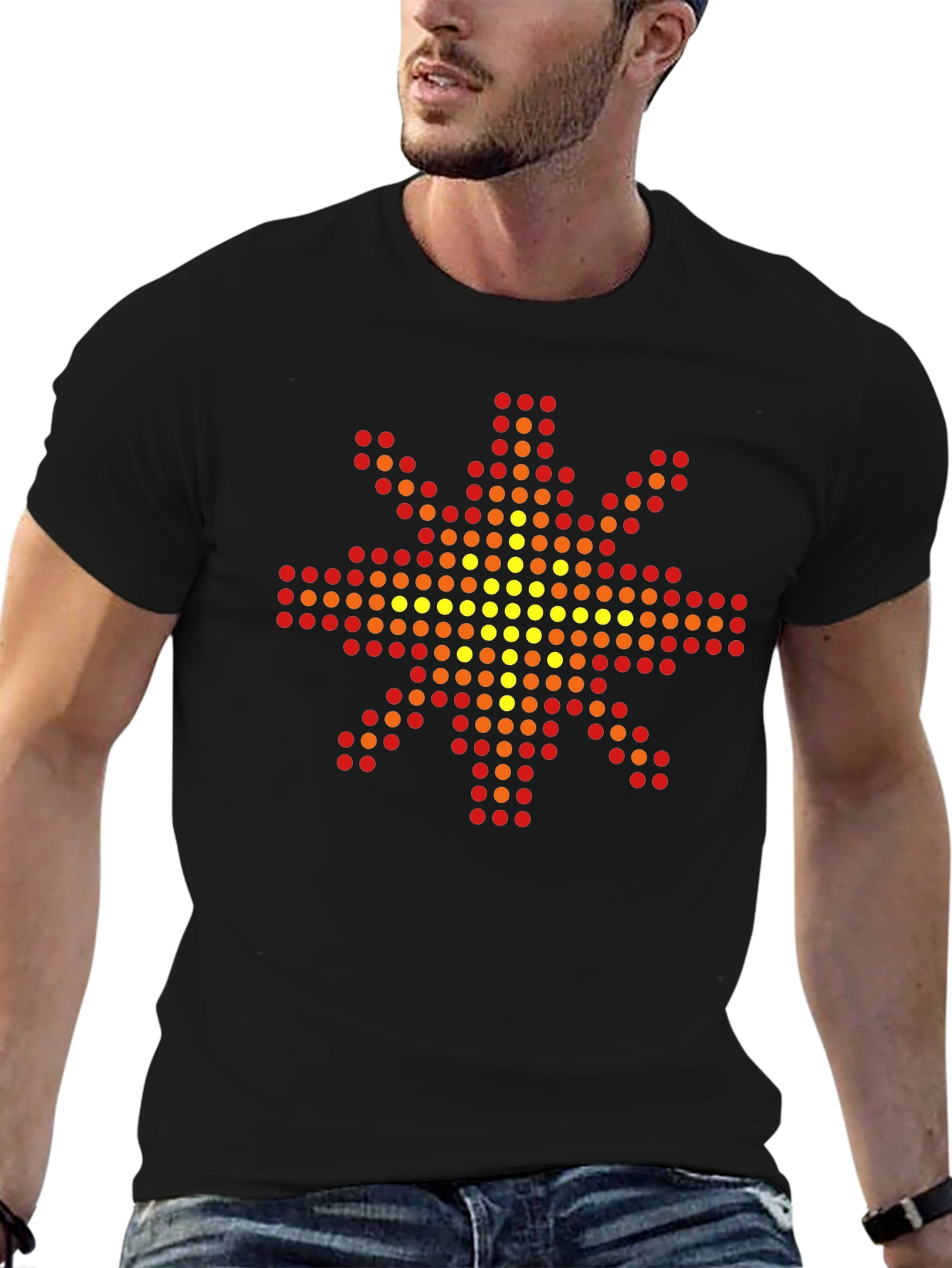Geometric Pixel Sun Graphic Tee - Black Cotton