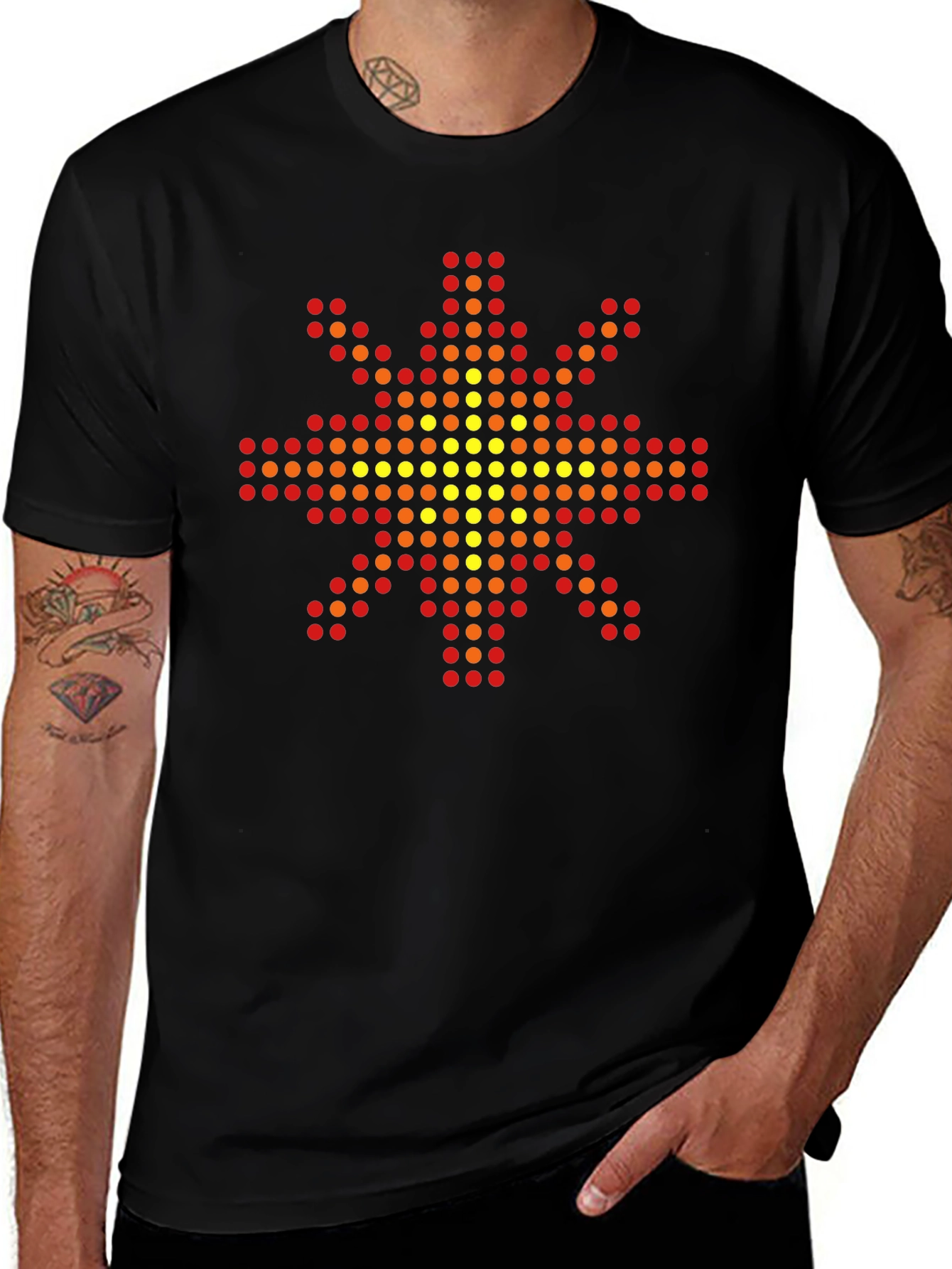 Geometric Pixel Sun Graphic Tee - Black Cotton