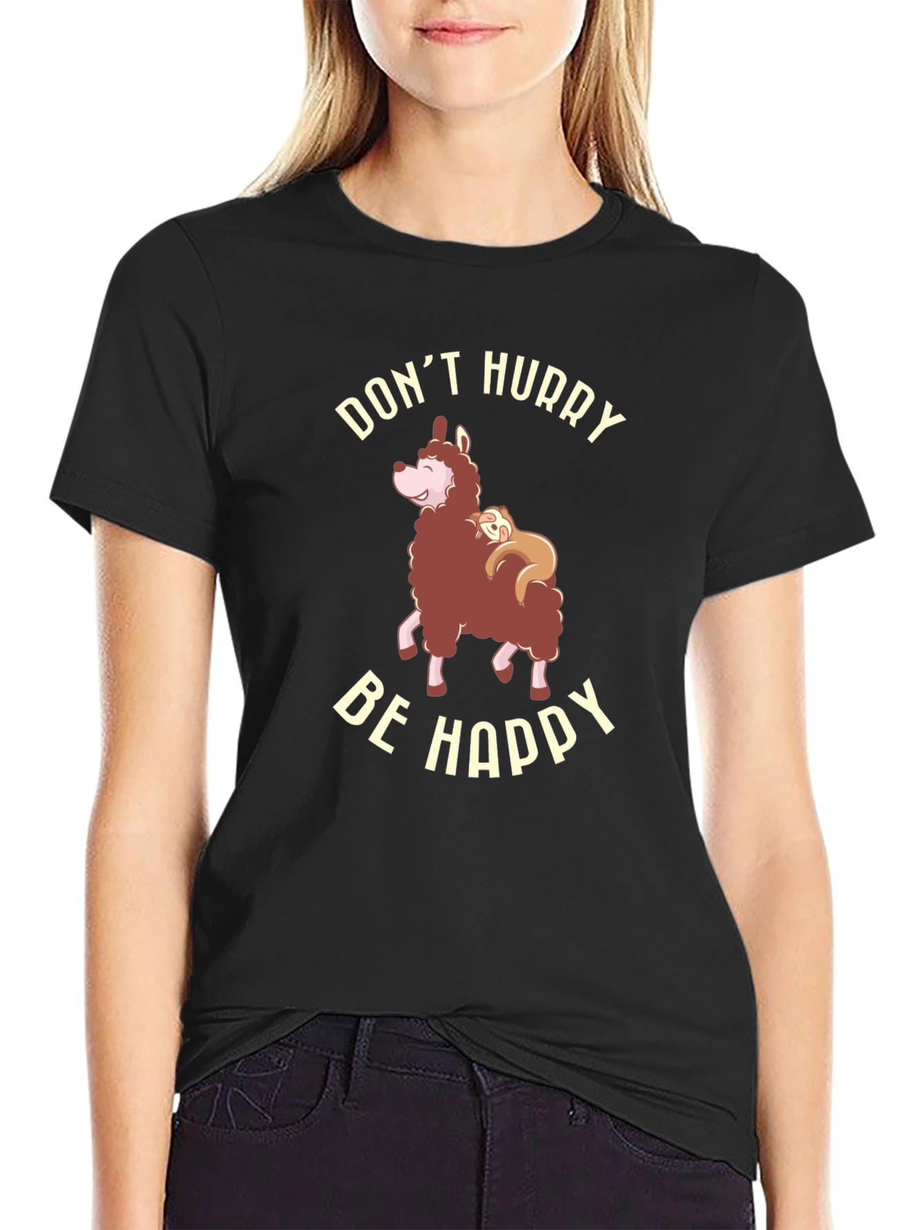 Dont Hurry Be Happy Llama Sloth Graphic Tee