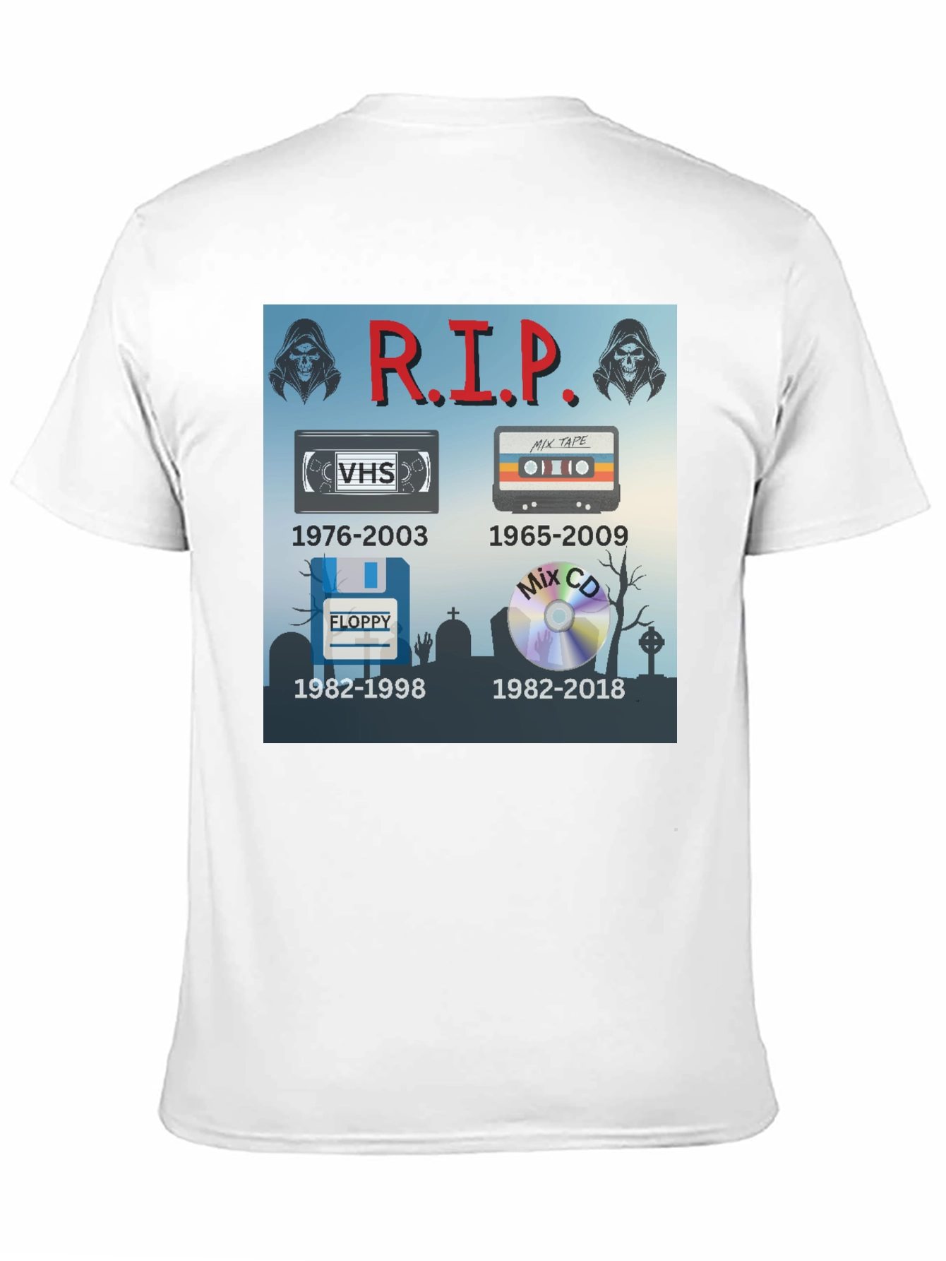 R.I.P. Tech T-Shirt: VHS Floppy Disk Cassette CD