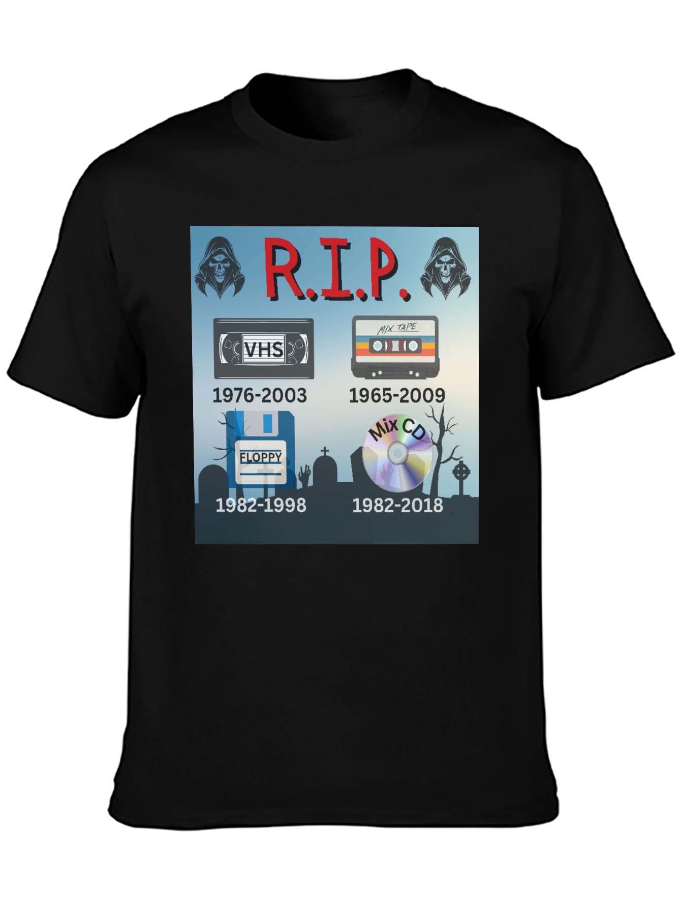 R.I.P. Tech T-Shirt: VHS Floppy Disk Cassette CD