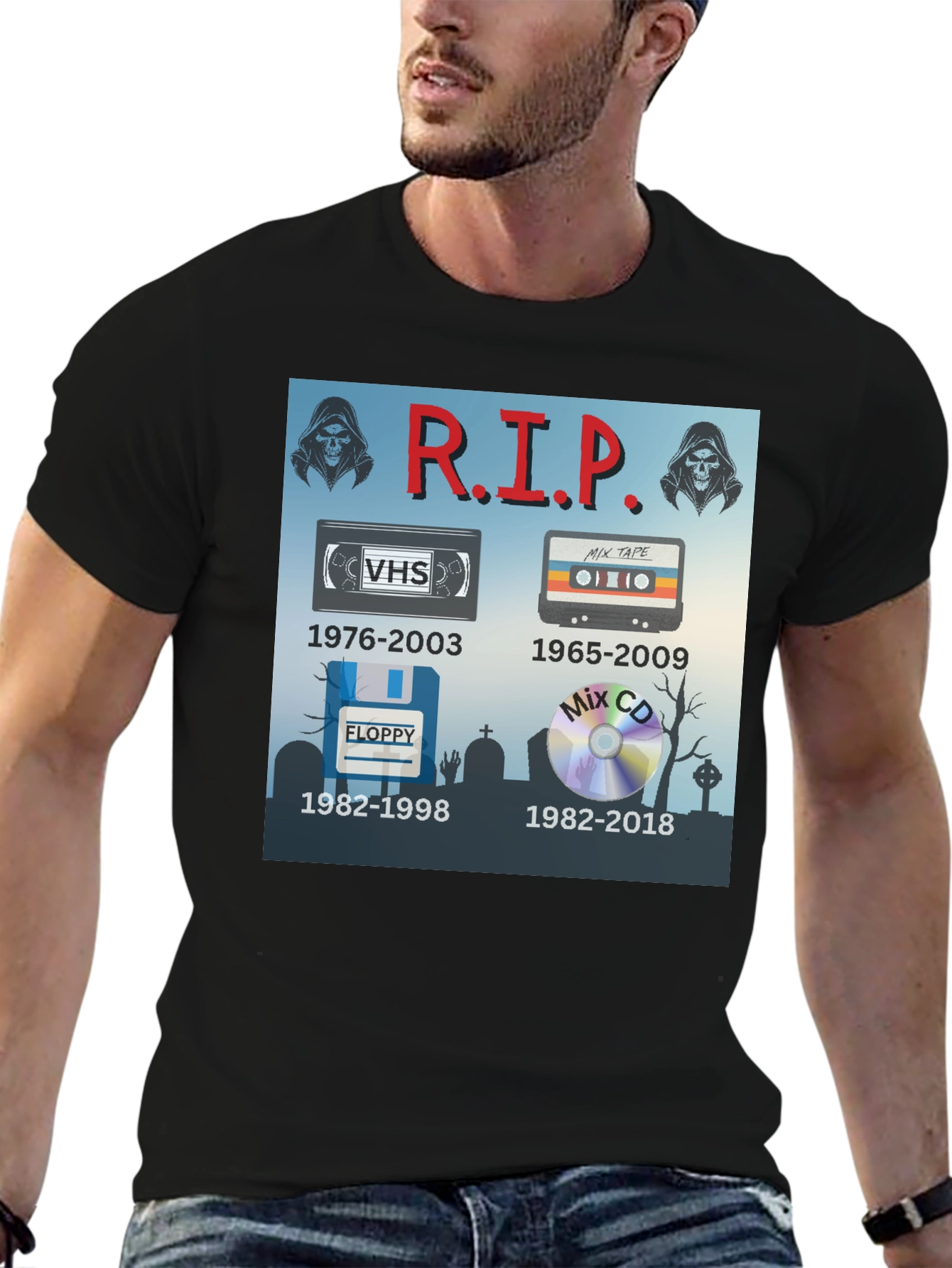 R.I.P. Tech T-Shirt: VHS Floppy Disk Cassette CD