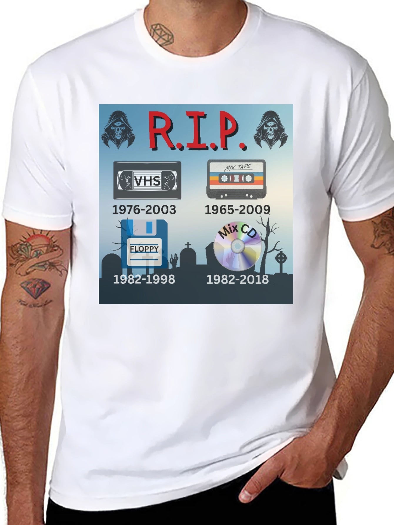 R.I.P. Tech T-Shirt: VHS Floppy Disk Cassette CD