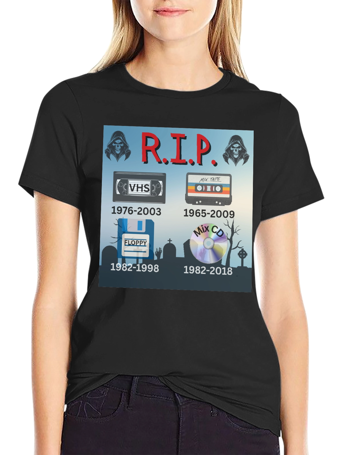 R.I.P. Tech T-Shirt: VHS Floppy Disk Cassette CD