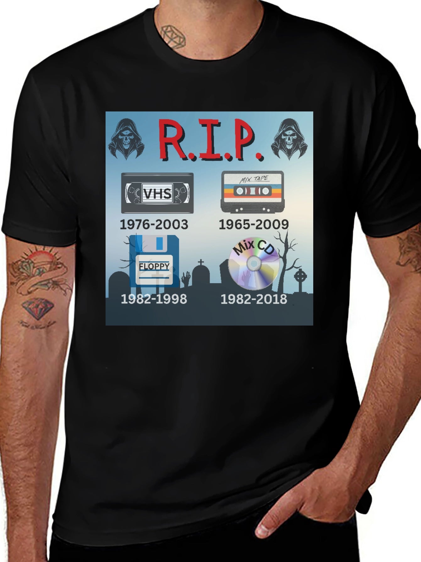 R.I.P. Tech T-Shirt: VHS Floppy Disk Cassette CD