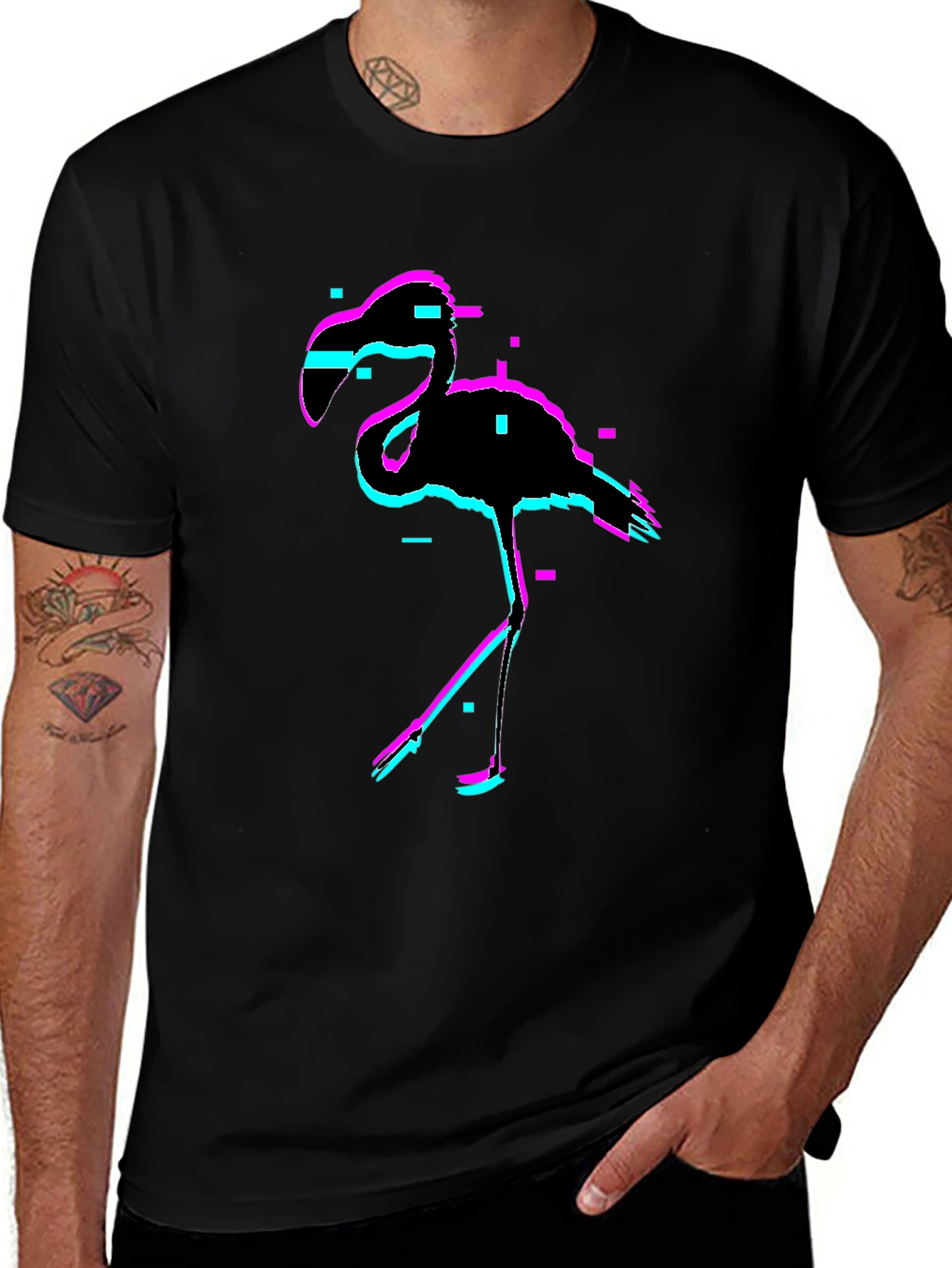 Glitch Flamingo Black T-Shirt