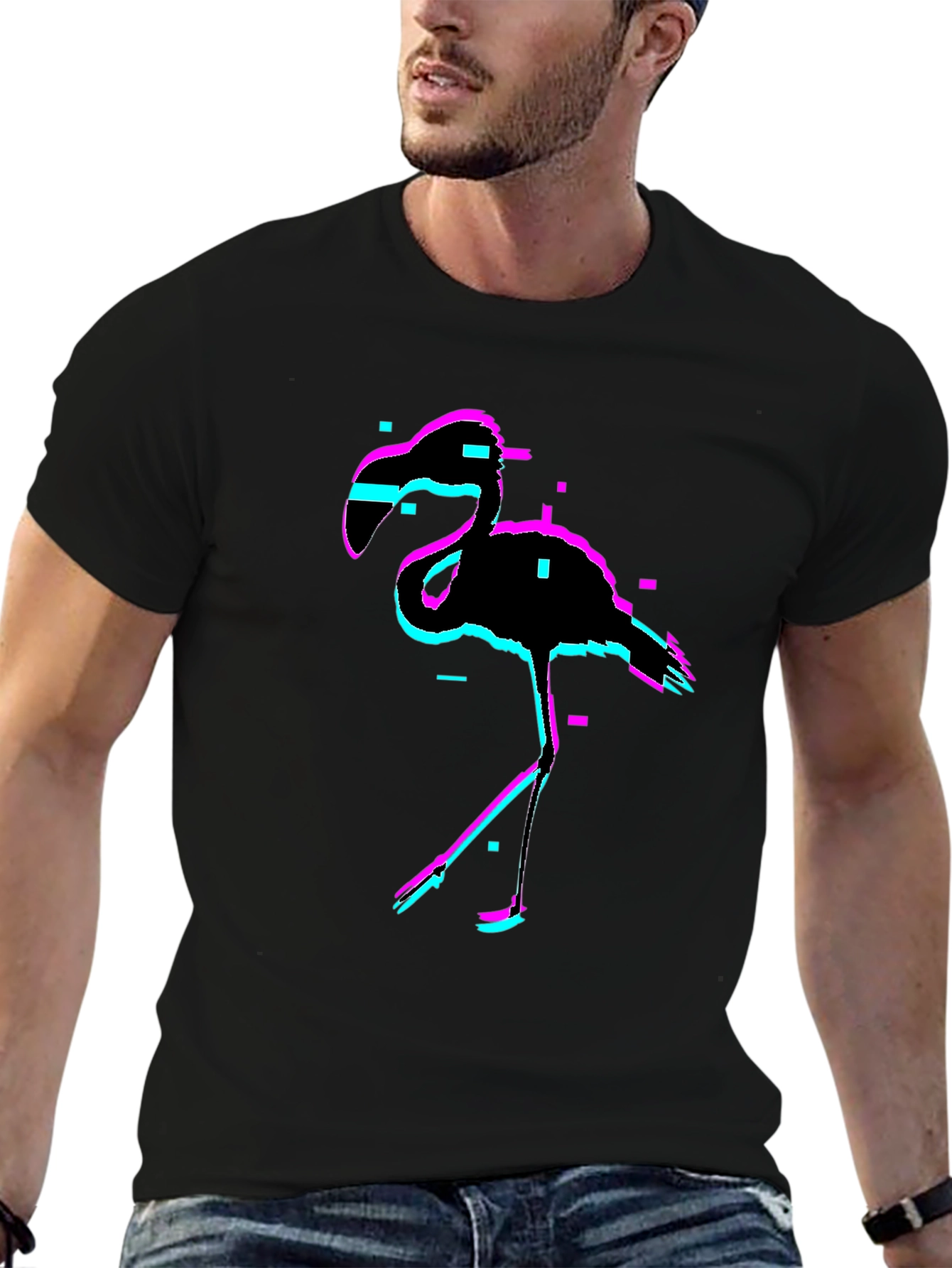 Glitch Flamingo Black T-Shirt