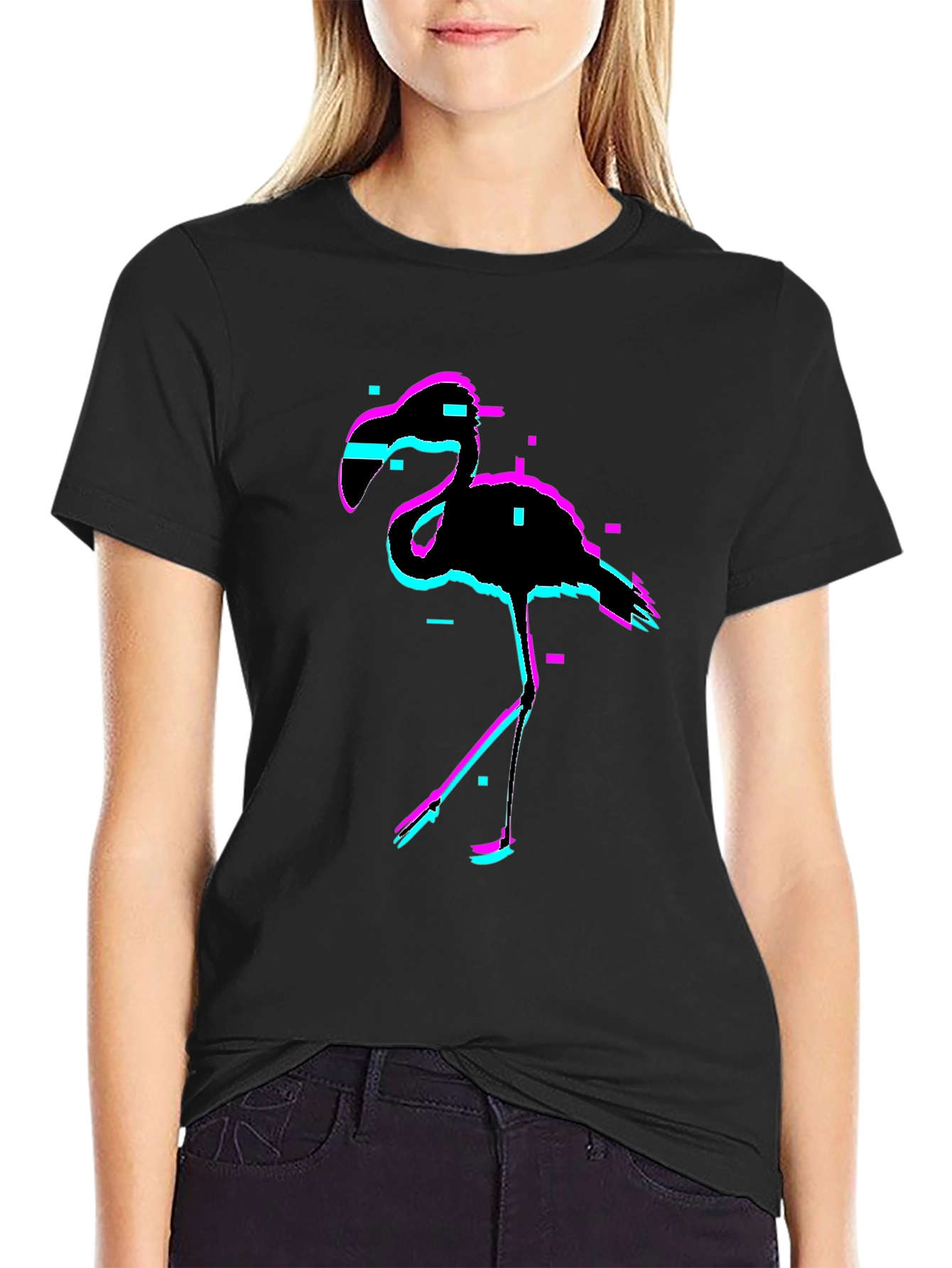 Glitch Flamingo Black T-Shirt