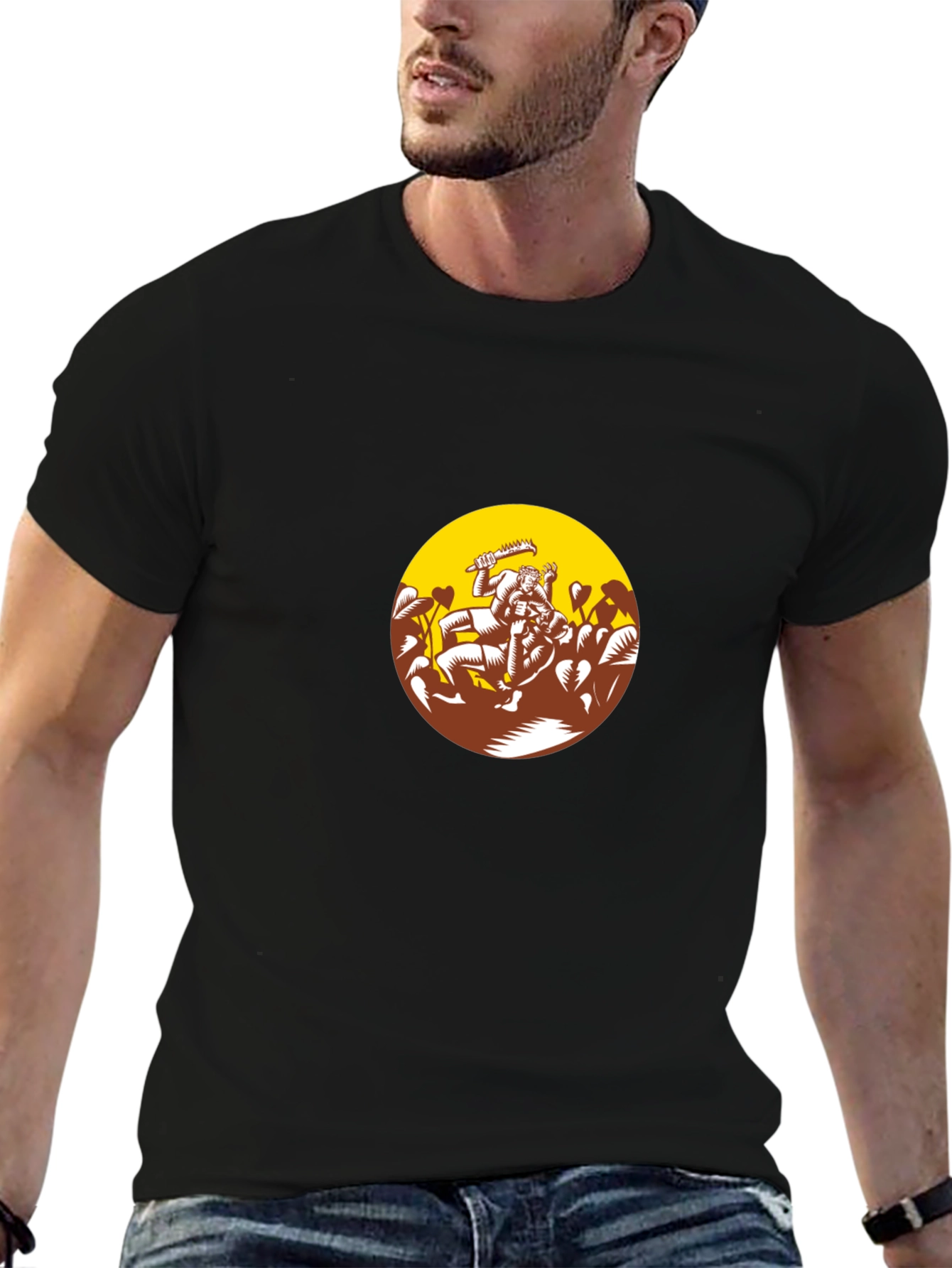 Black Graphic Tee - Wrestlers in Circle Design