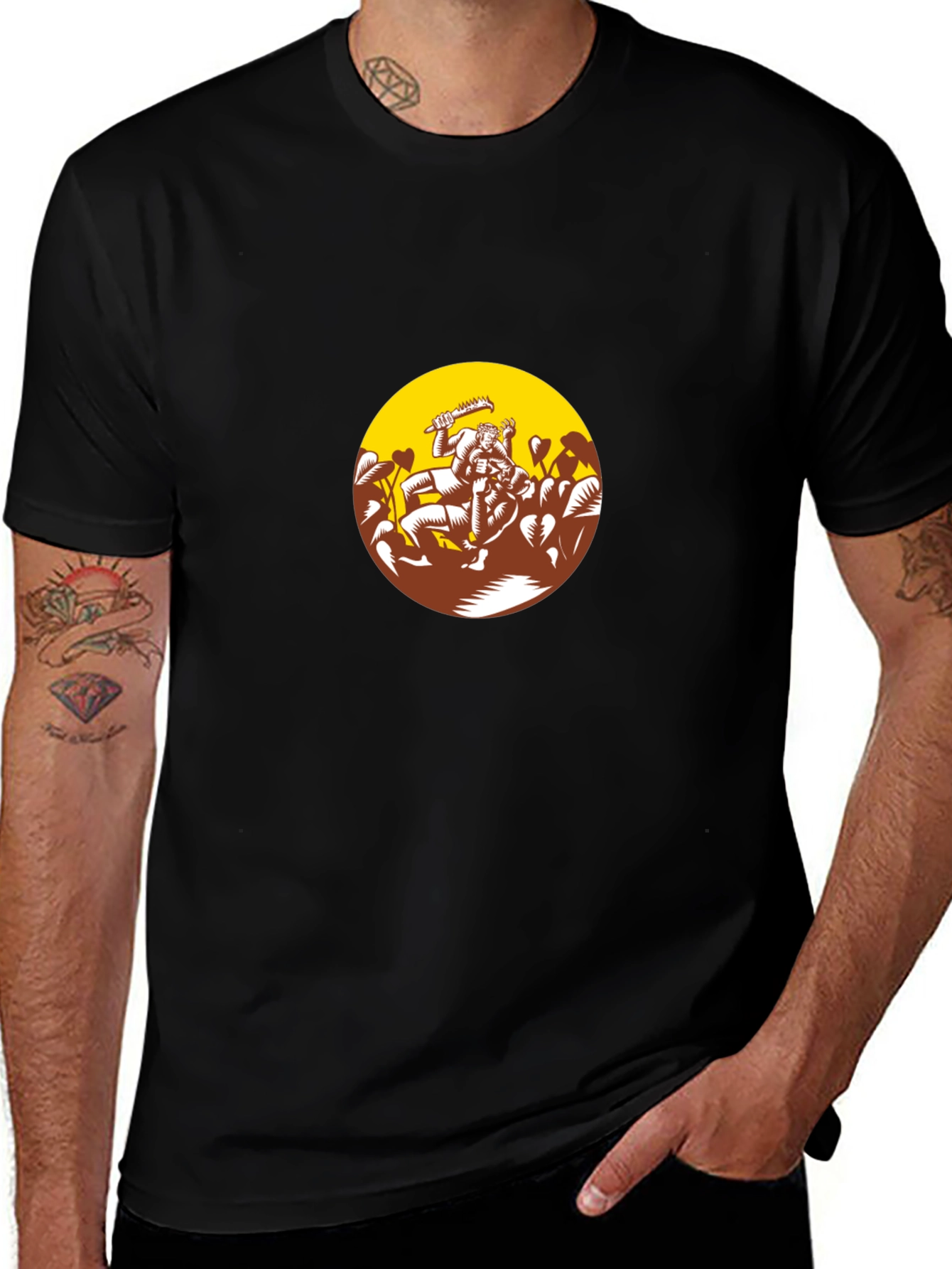 Black Graphic Tee - Wrestlers in Circle Design