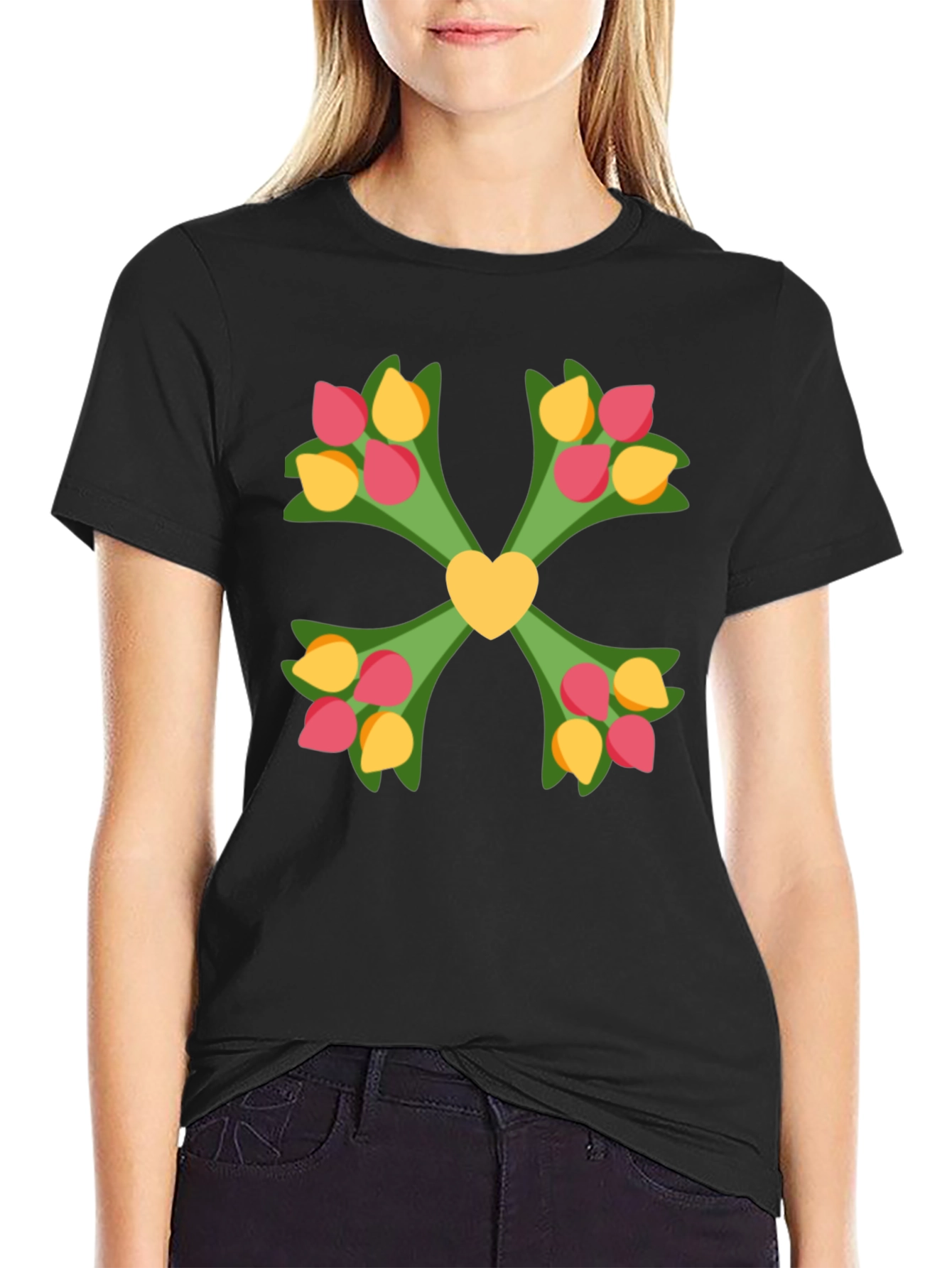 Floral Heart T-Shirt - Black Graphic Tee