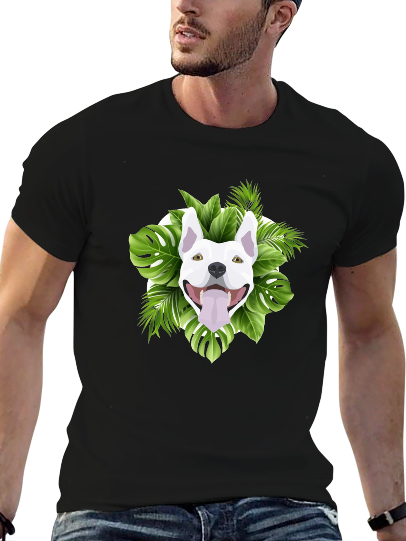 Tropical Dog Graphic Tee - Black Cotton T-Shirt