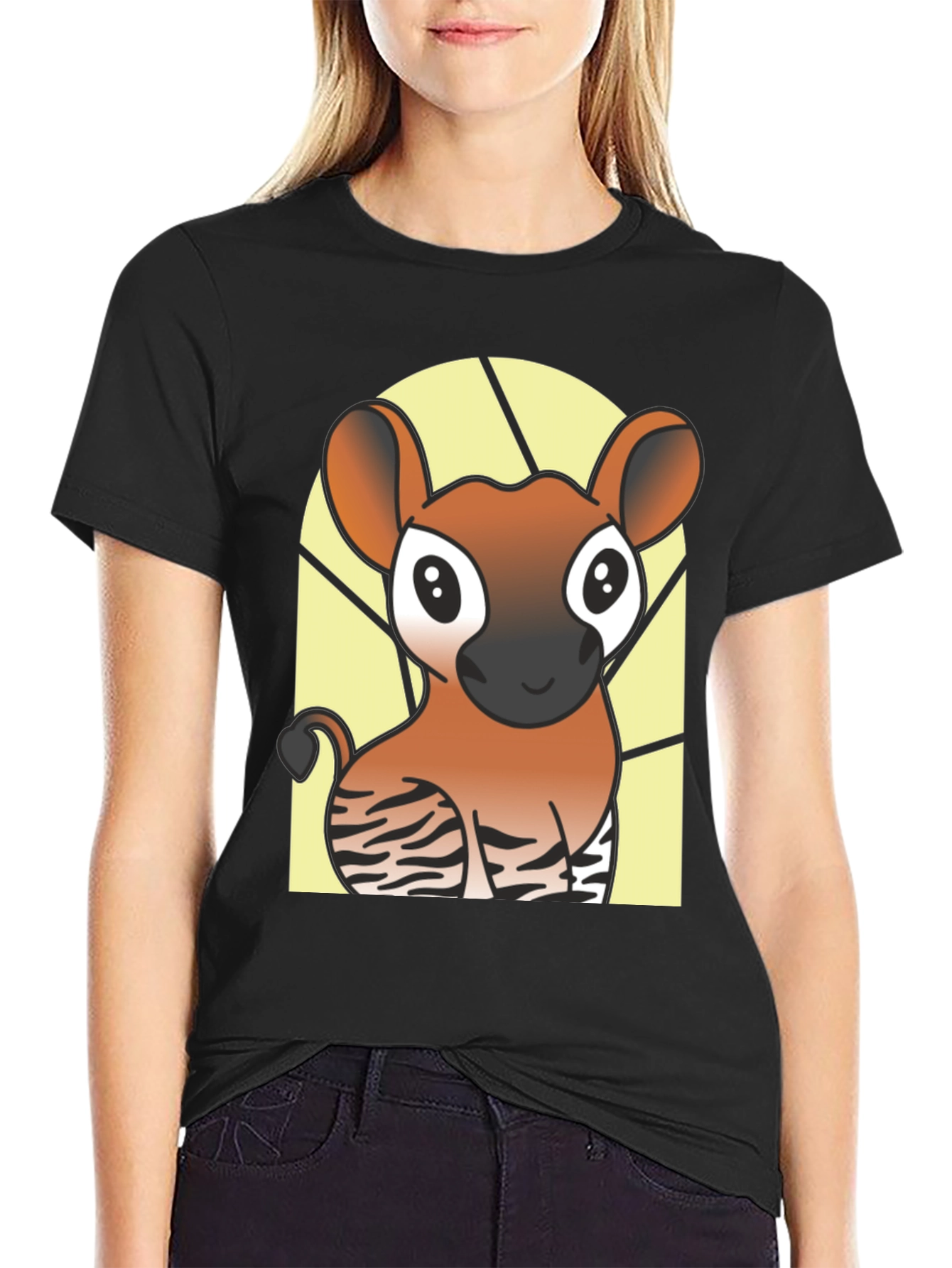 Cute Okapi Cartoon Black T-Shirt