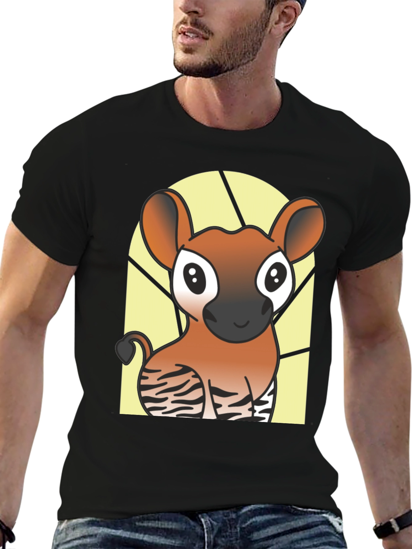 Cute Okapi Cartoon Black T-Shirt