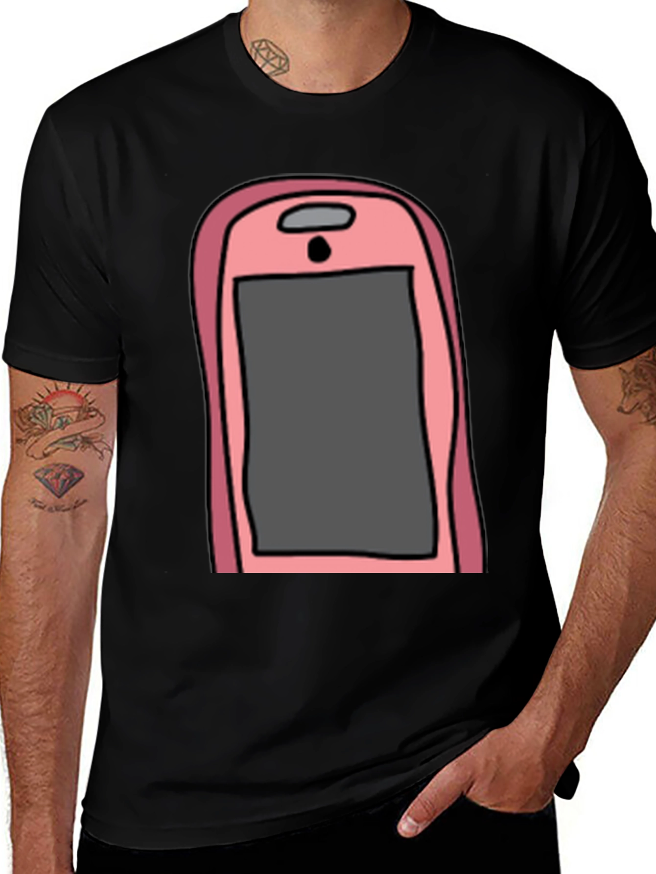 Pink Smartphone Graphic Tee - Black Cotton T-Shirt