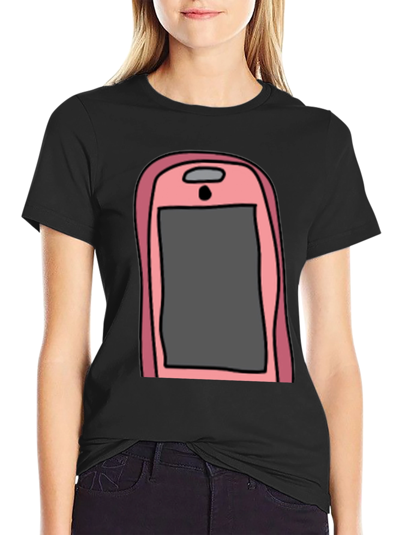 Pink Smartphone Graphic Tee - Black Cotton T-Shirt