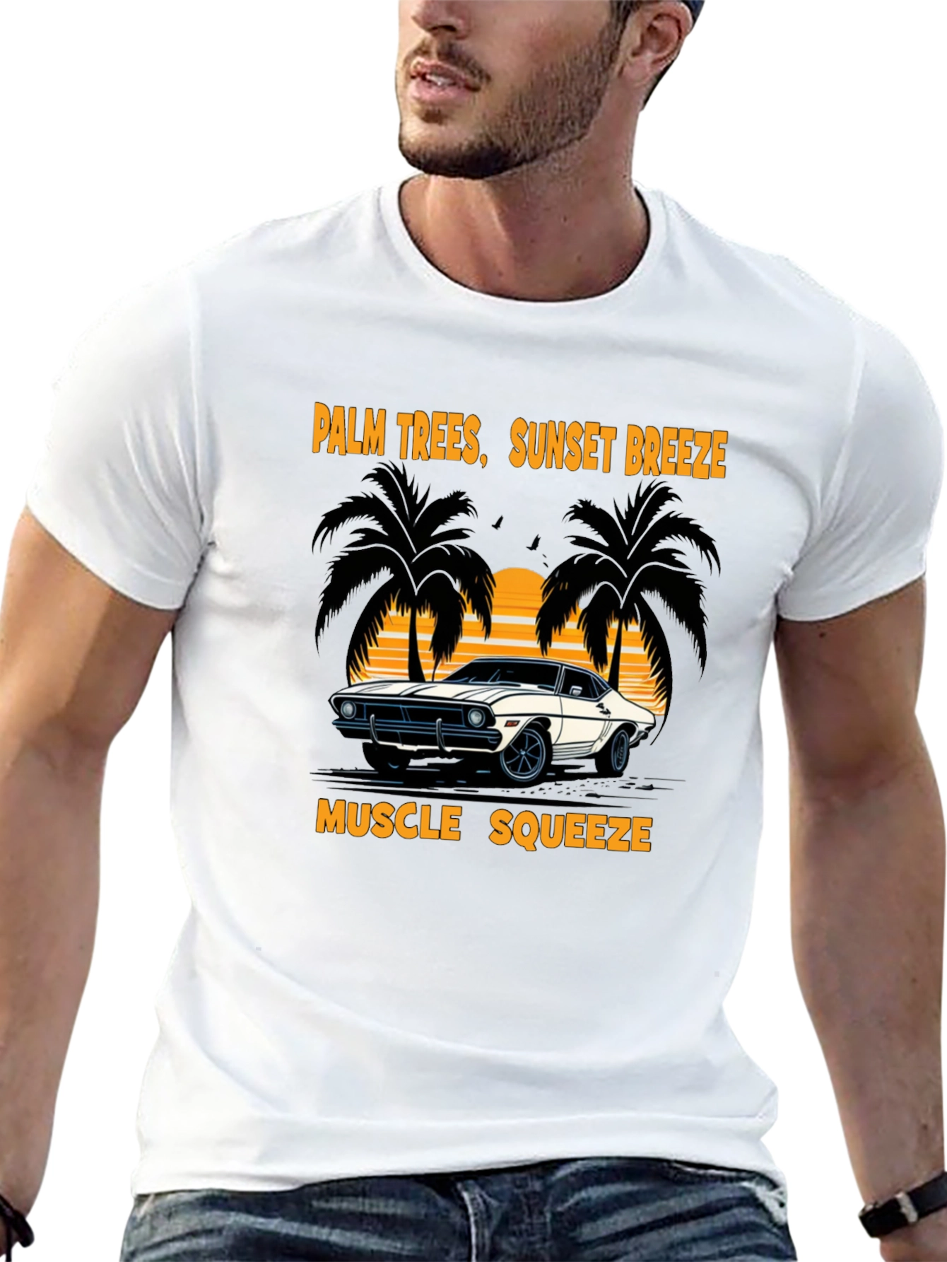 Palm Trees Sunset Breeze Muscle Car T-Shirt
