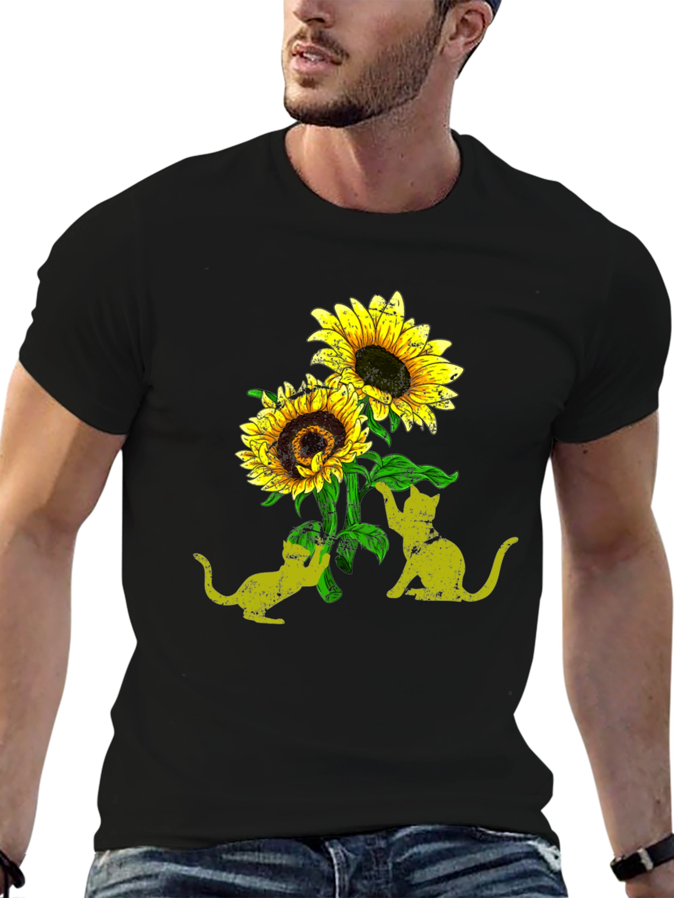 Sunflower Cats Black T-Shirt
