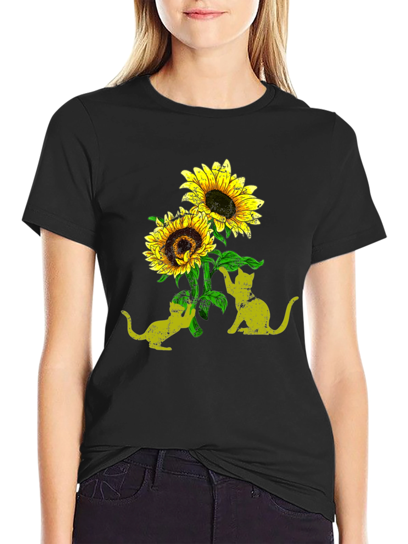 Sunflower Cats Black T-Shirt