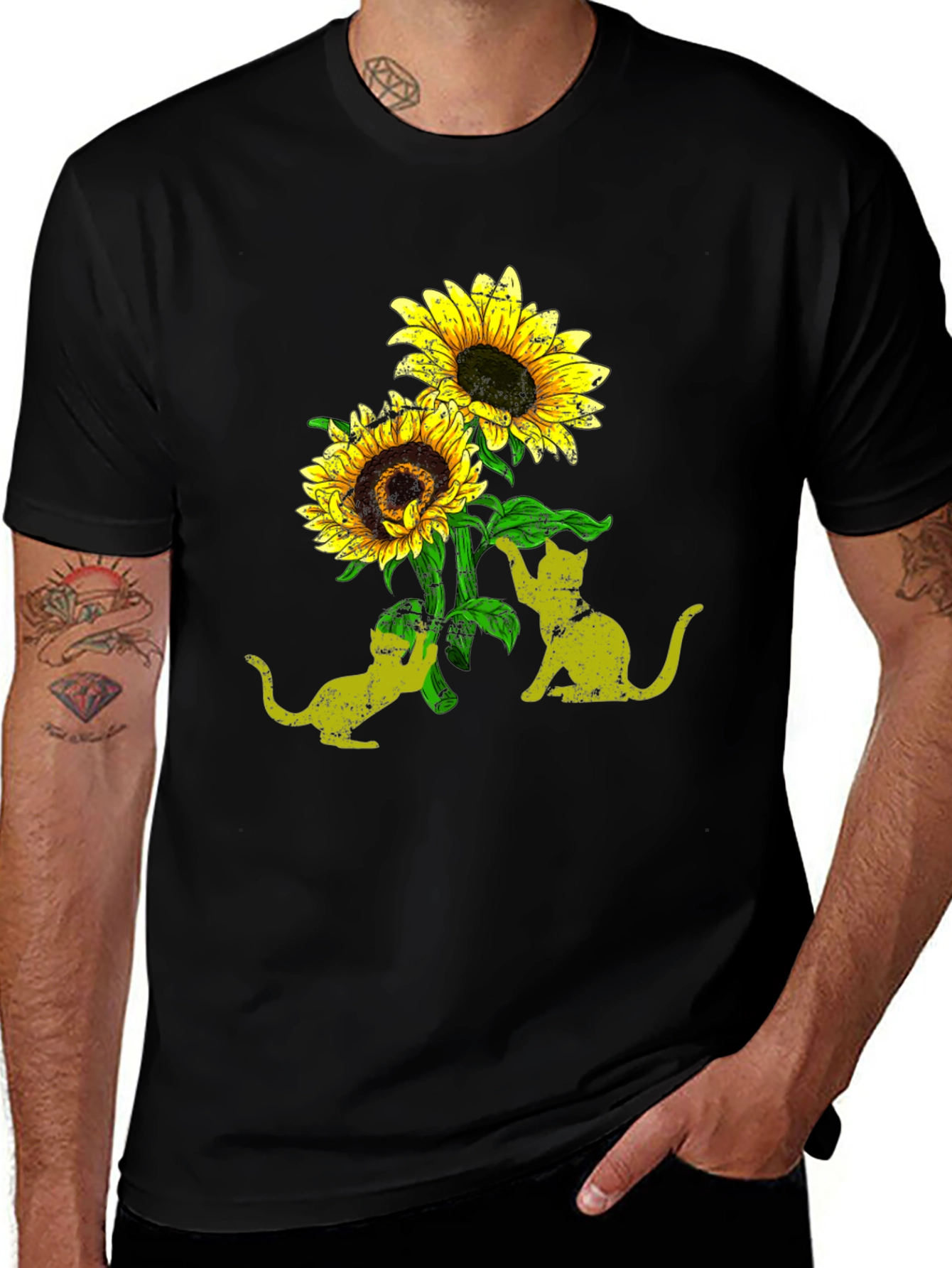 Sunflower Cats Black T-Shirt
