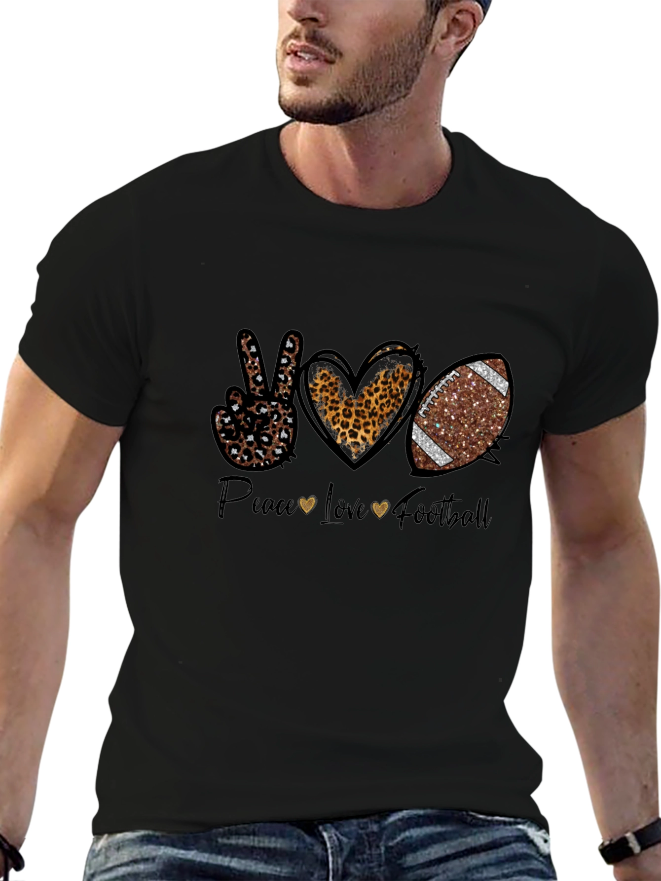 Peace Love Football Graphic Tee - Leopard Print
