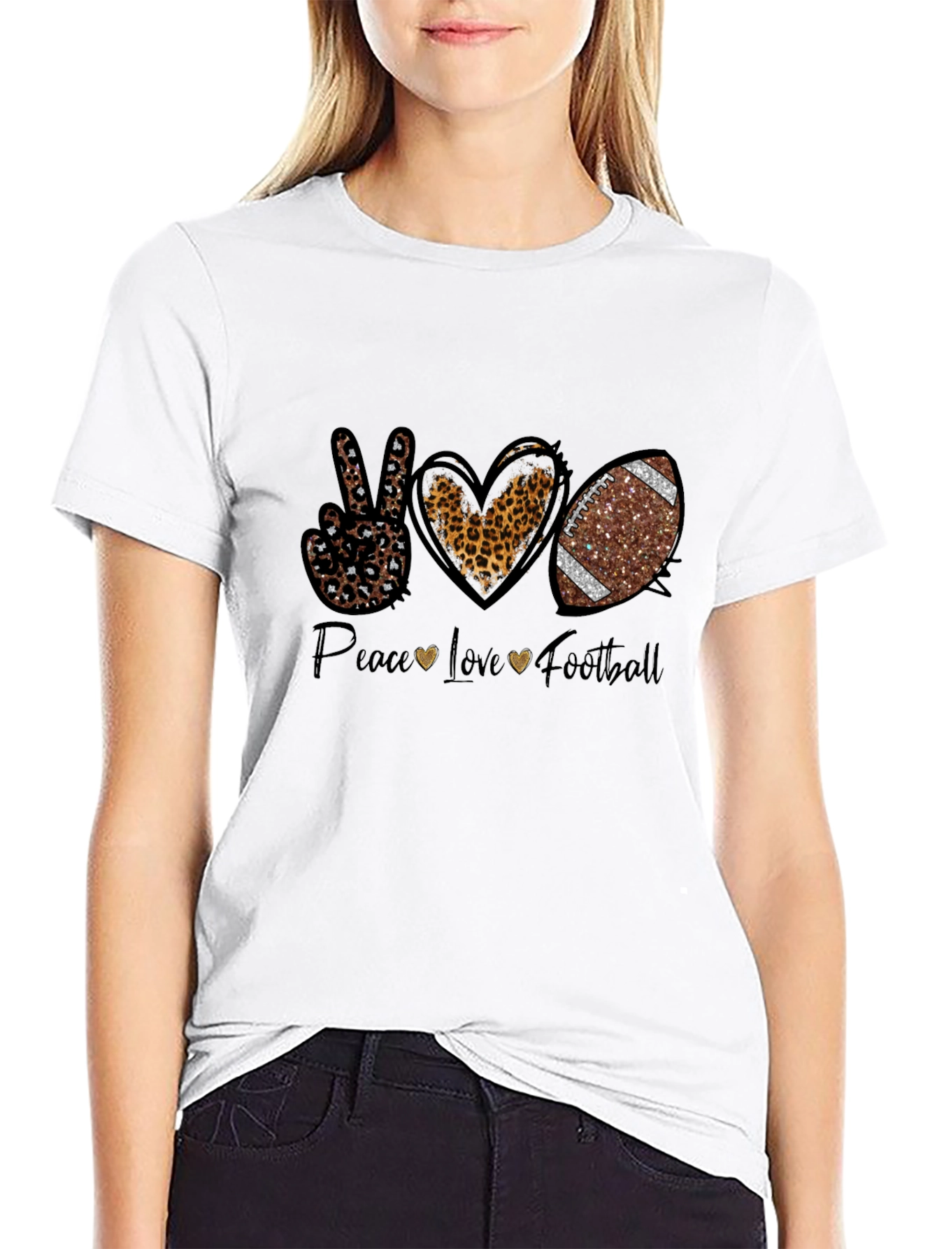 Peace Love Football Graphic Tee - Leopard Print