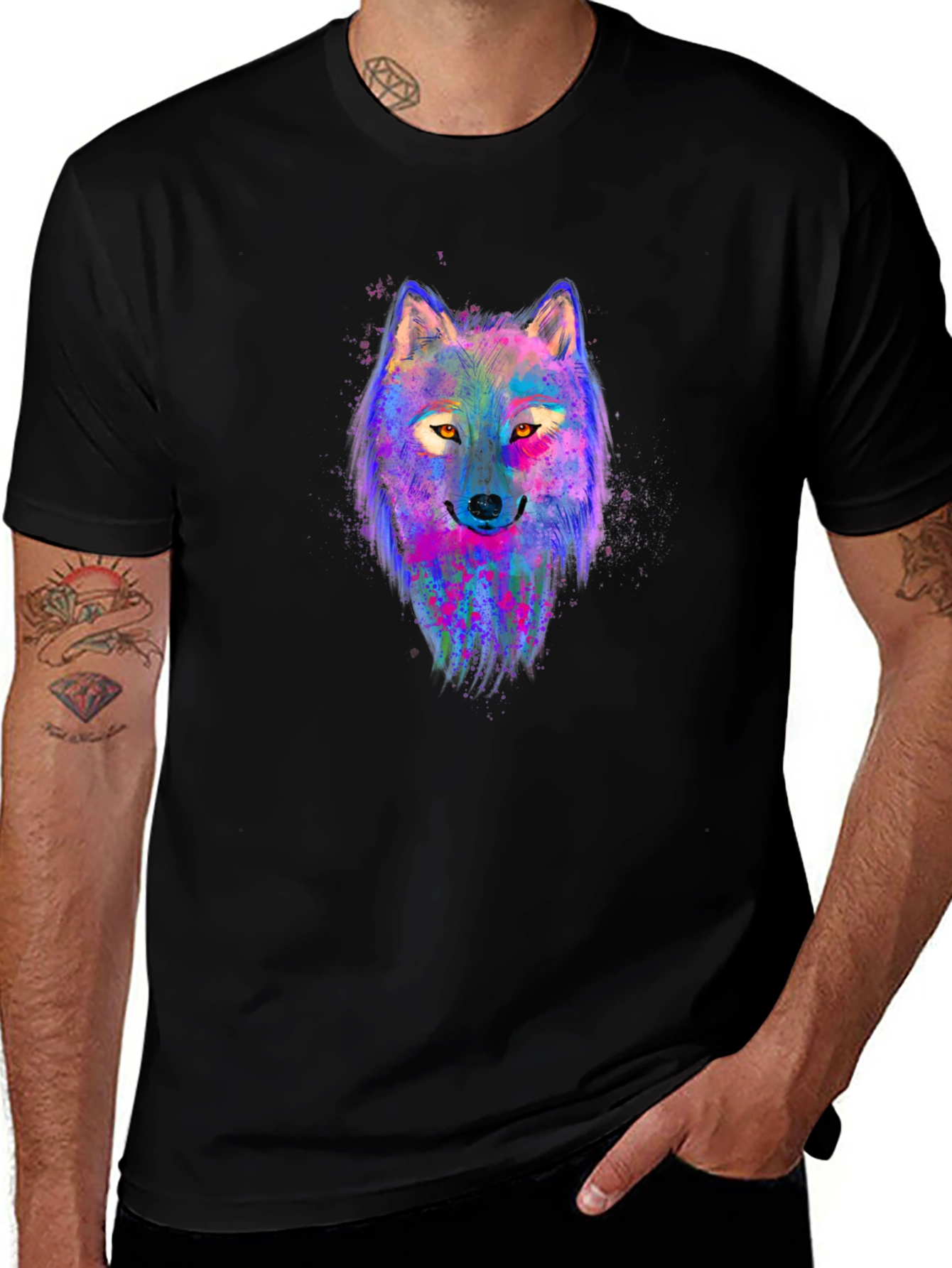 Vibrant Wolf Graphic Tee - Mens Black T-Shirt