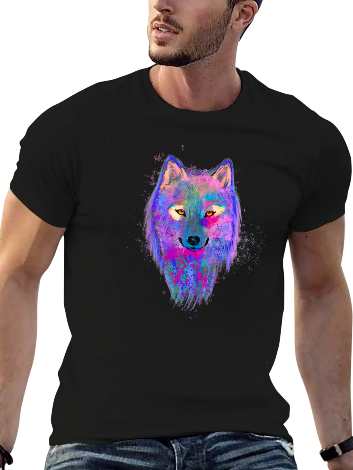 Vibrant Wolf Graphic Tee - Mens Black T-Shirt