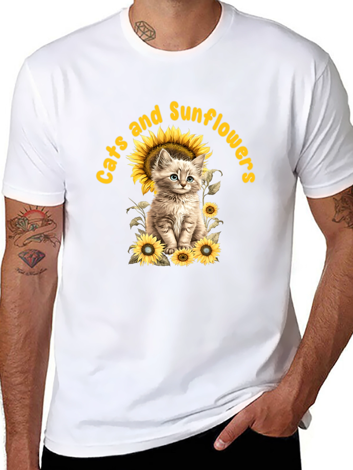 Cats and Sunflowers Black T-Shirt