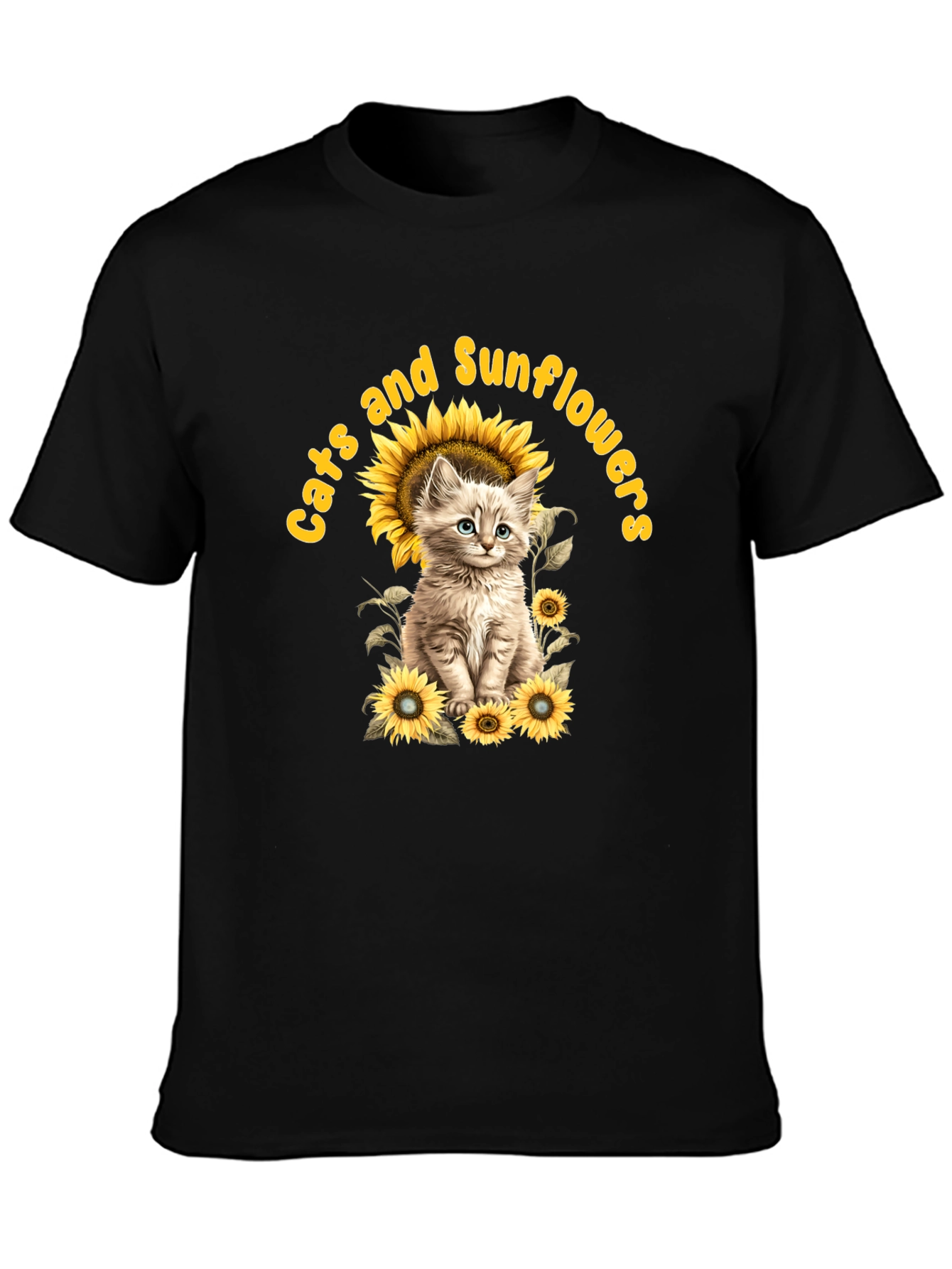 Cats and Sunflowers Black T-Shirt