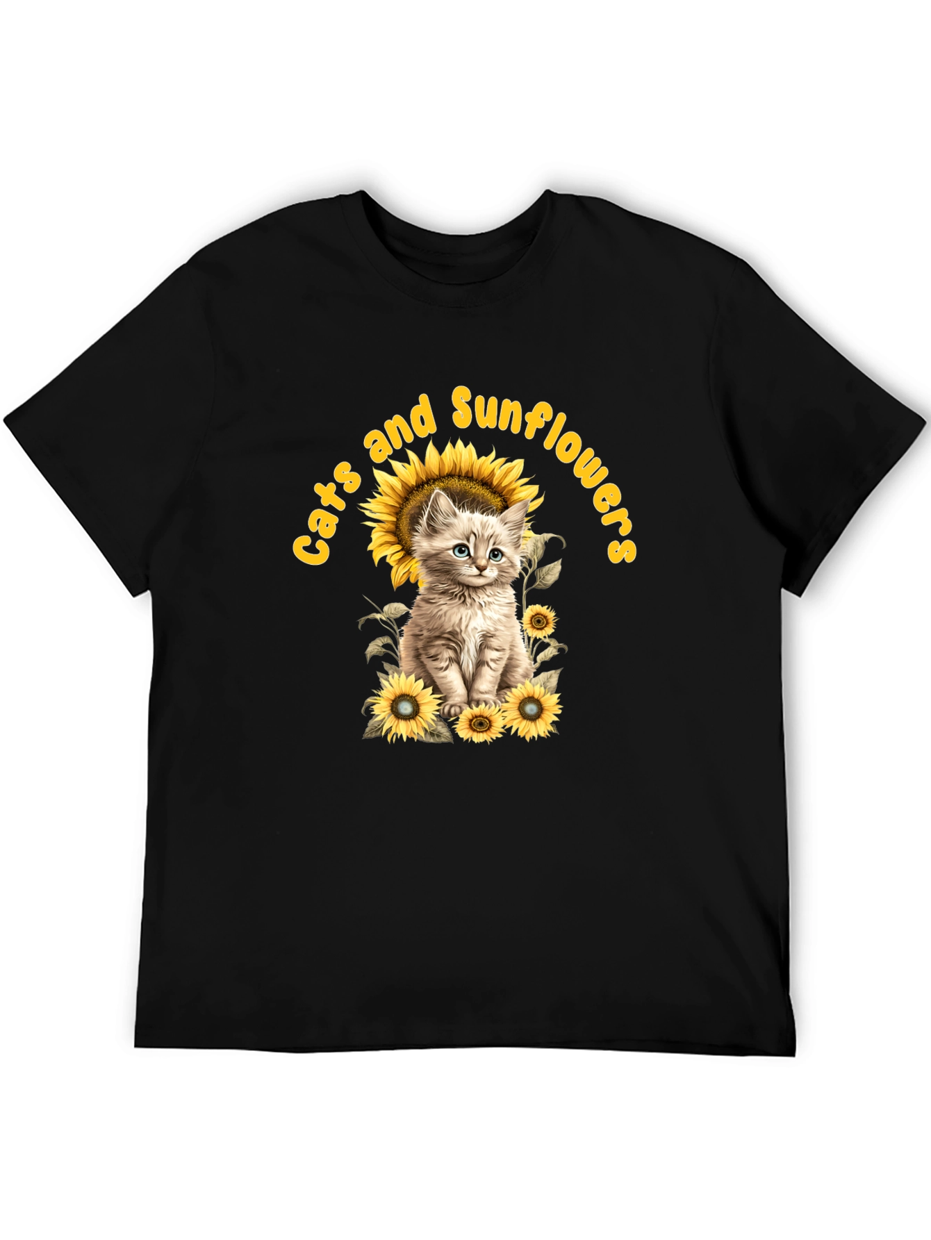 Cats and Sunflowers Black T-Shirt