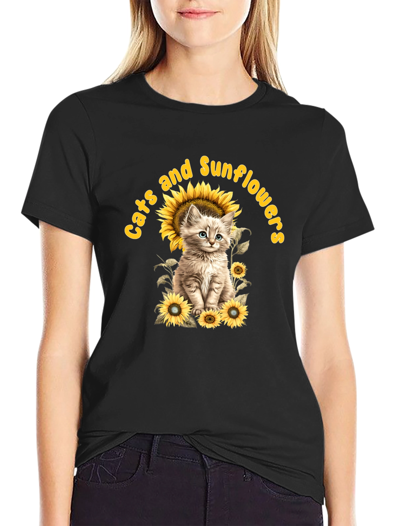 Cats and Sunflowers Black T-Shirt