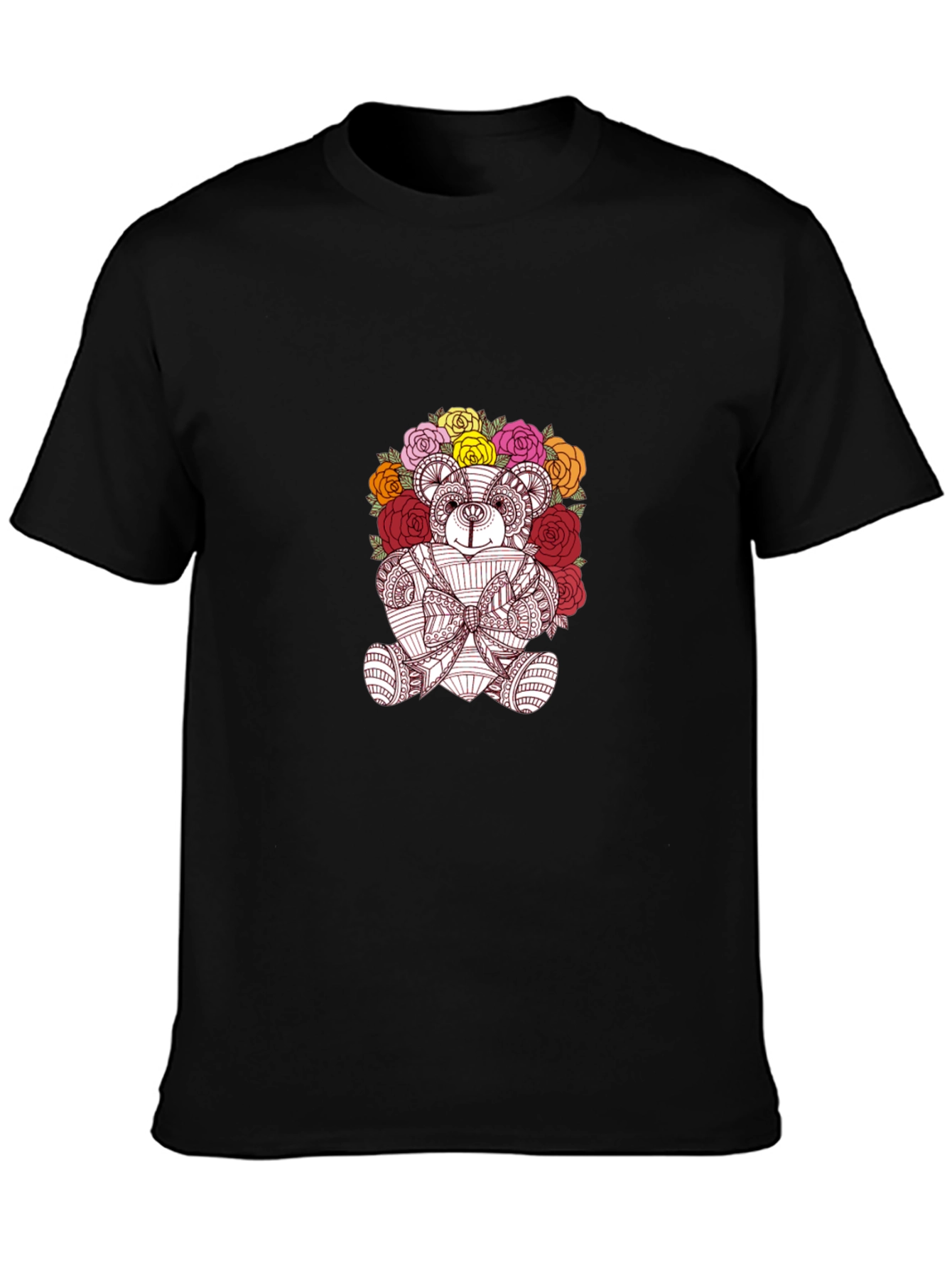 Floral Teddy Bear Graphic Black T-Shirt