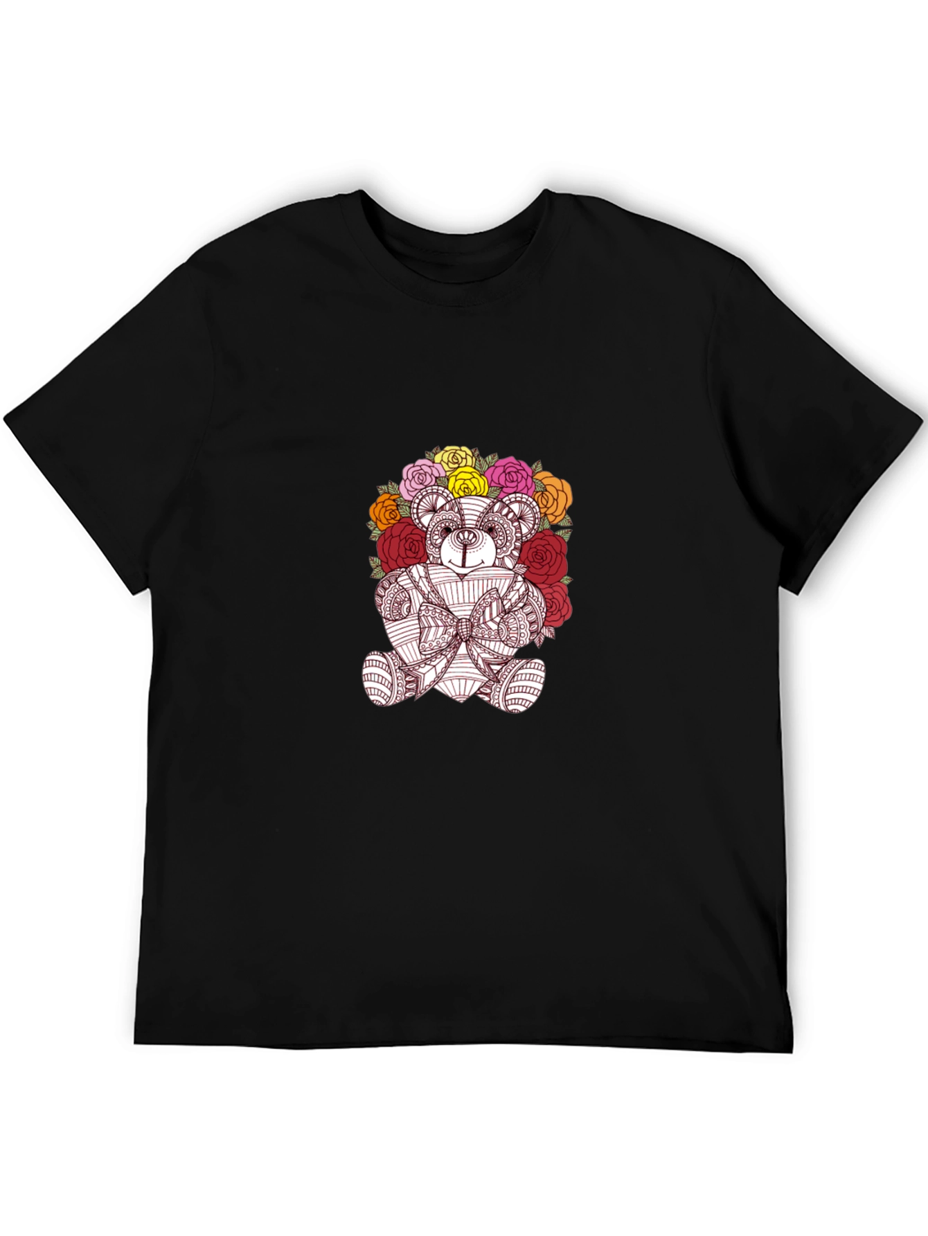 Floral Teddy Bear Graphic Black T-Shirt