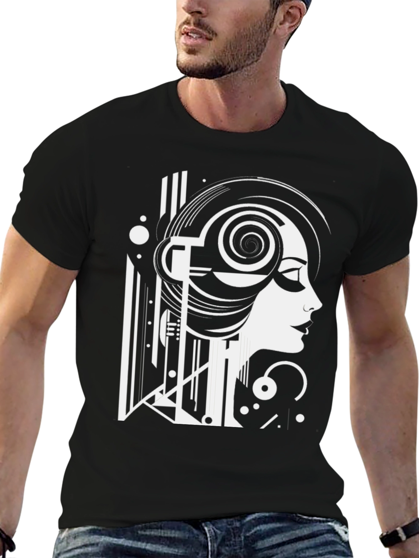Art Deco Woman Graphic Tee - Black Cotton T-Shirt