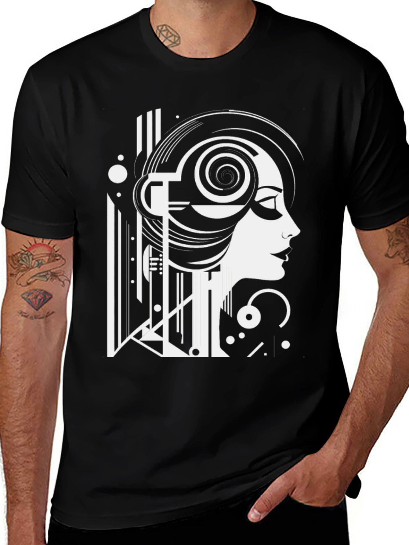 Art Deco Woman Graphic Tee - Black Cotton T-Shirt