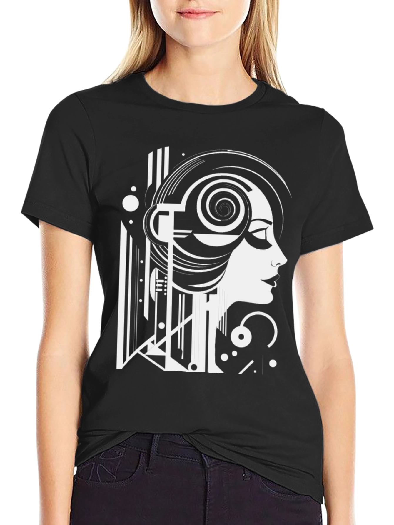 Art Deco Woman Graphic Tee - Black Cotton T-Shirt