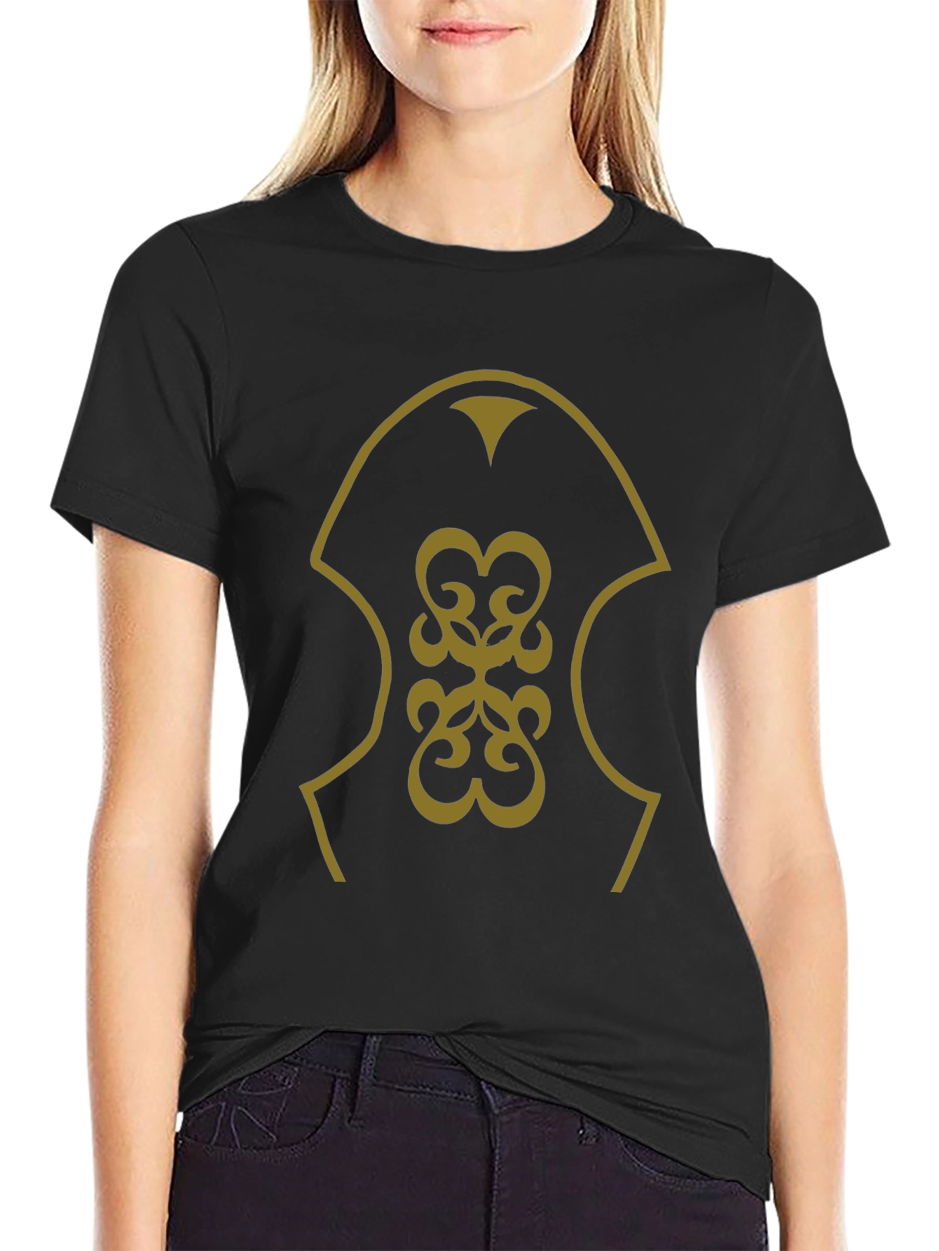 Stylish Black T-Shirt with Gold Emblem Design