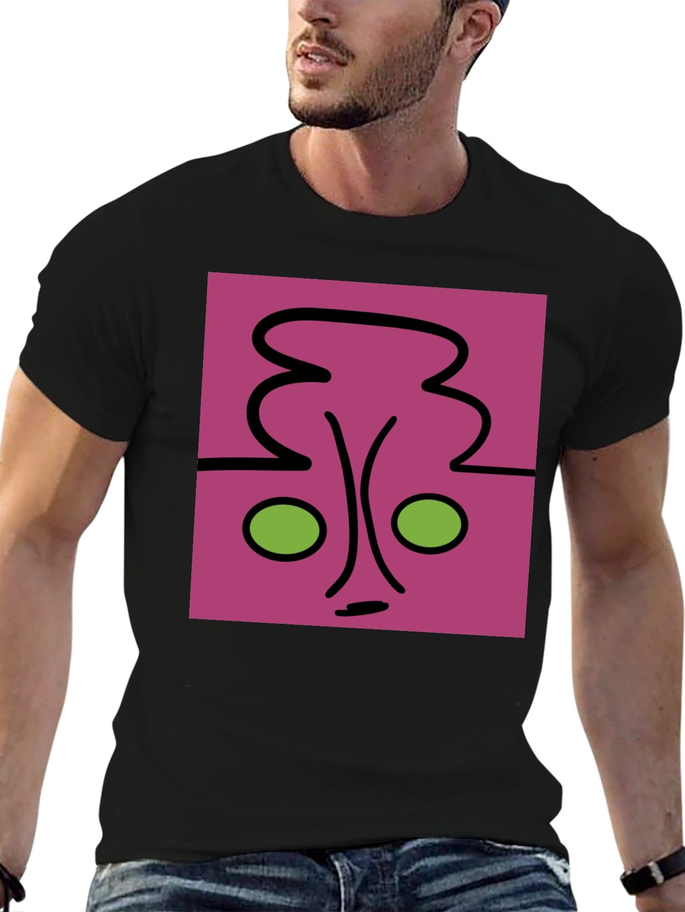 Abstract Face Graphic Tee - Unique Design Black Shirt