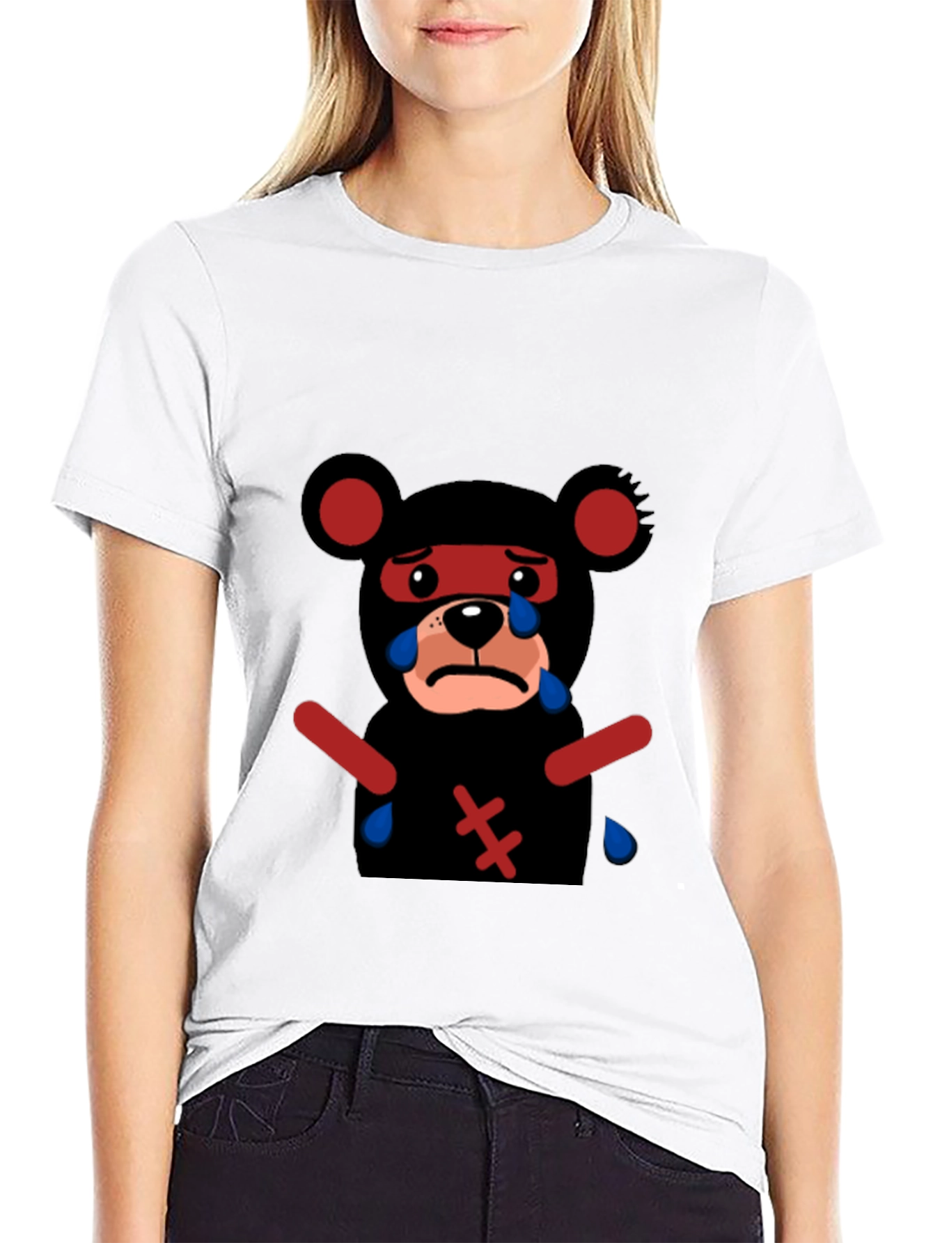 Sad Bear Graphic Tee - Black Cotton Comfort