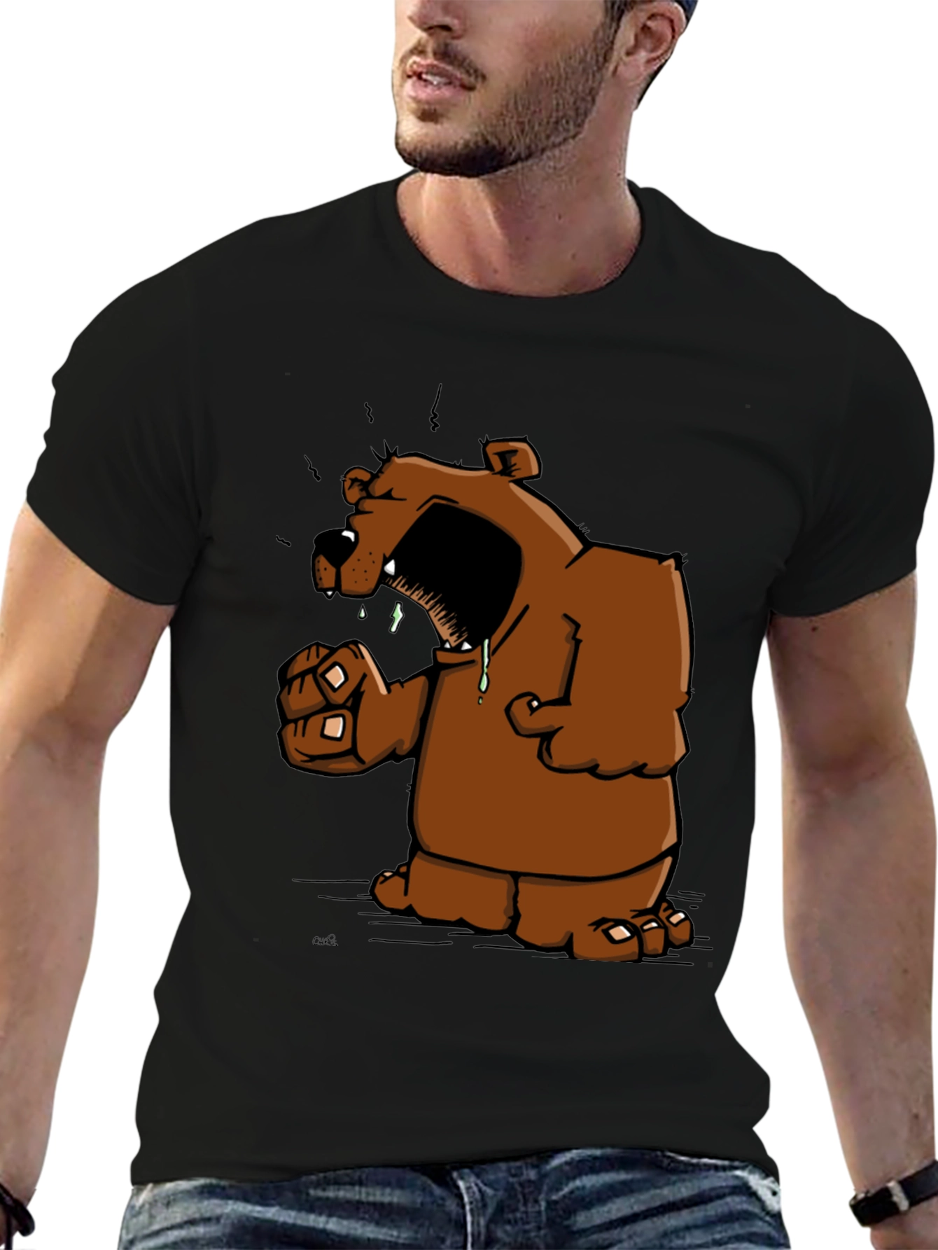 Angry Cartoon Bear Graphic Black T-Shirt