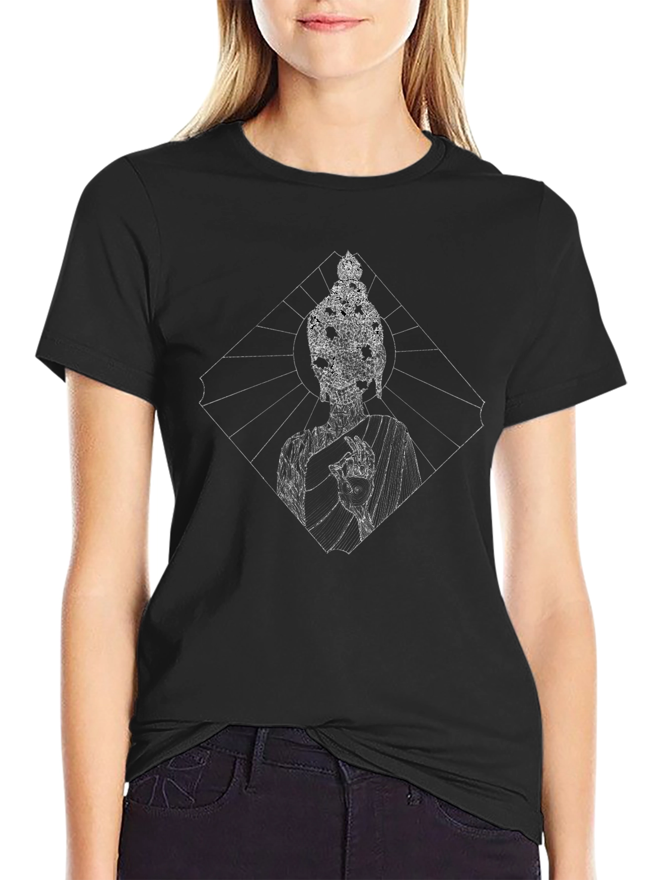 Geometric Buddha Graphic Black T-Shirt