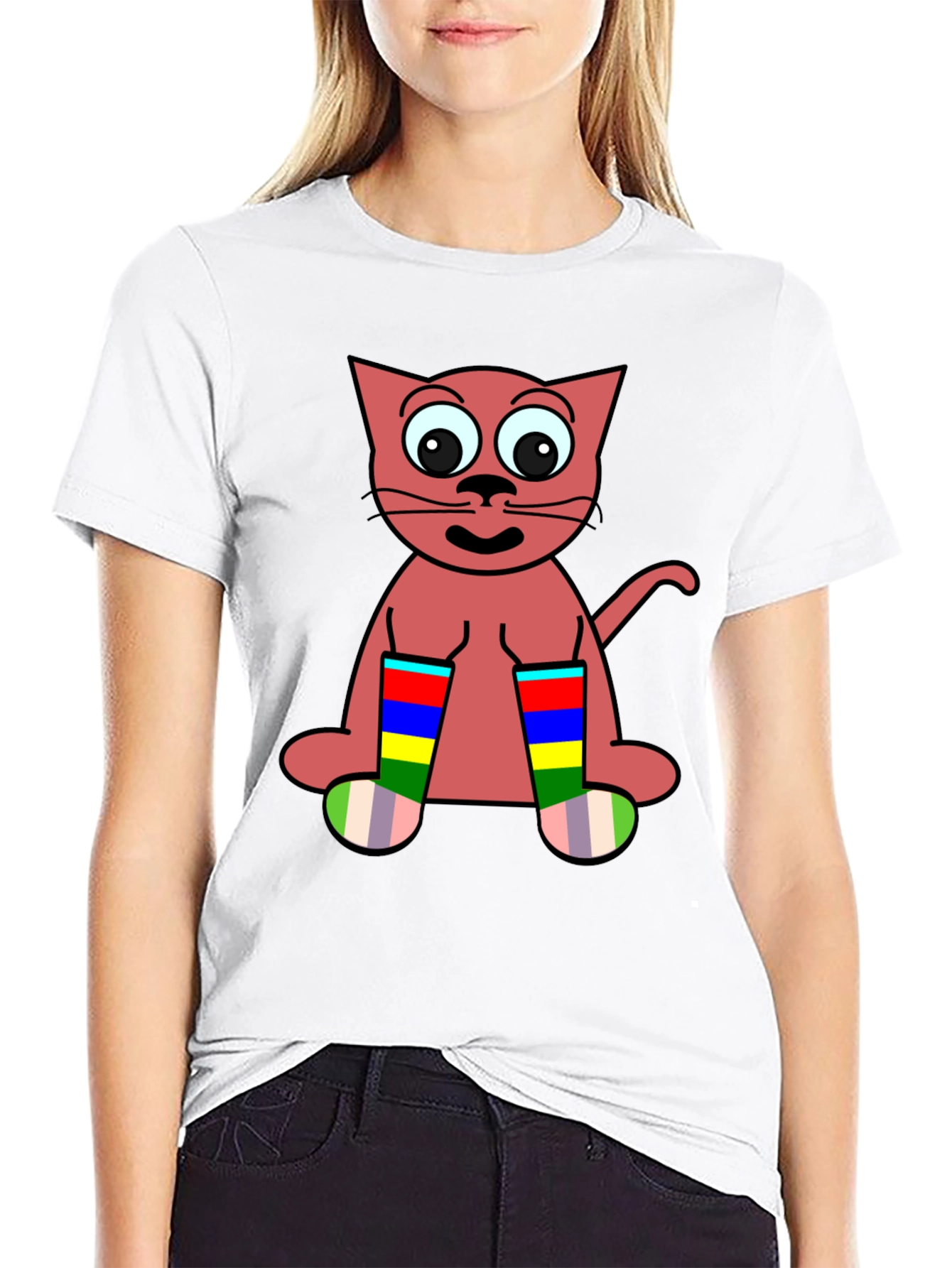 Cartoon Cat Rainbow Socks Black T-Shirt